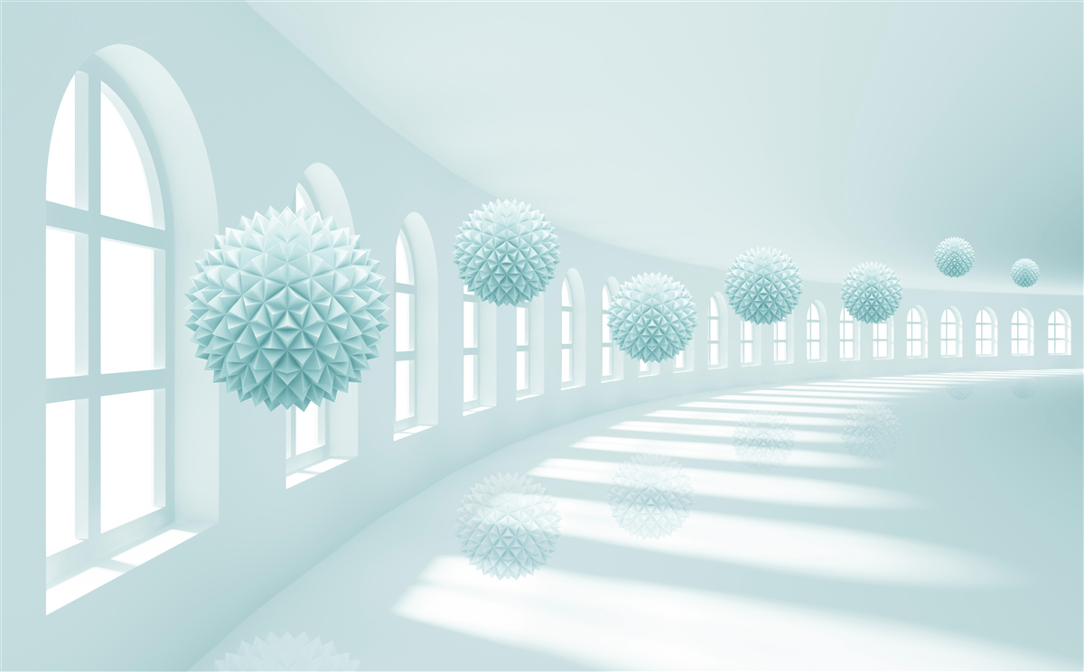 Papier peint allée avec fenêtres et boules bleues