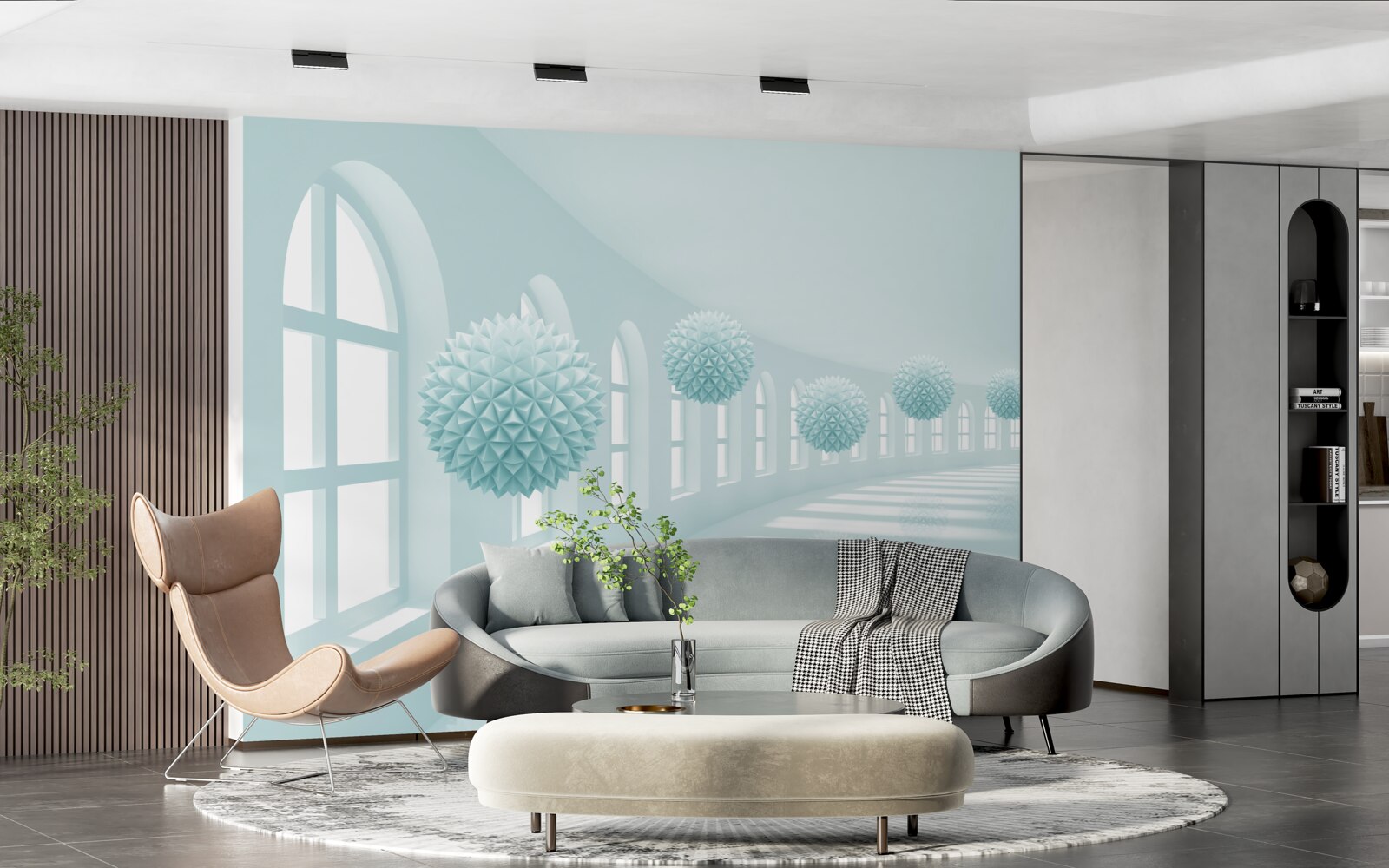 Papier peint allée avec fenêtres et boules bleues