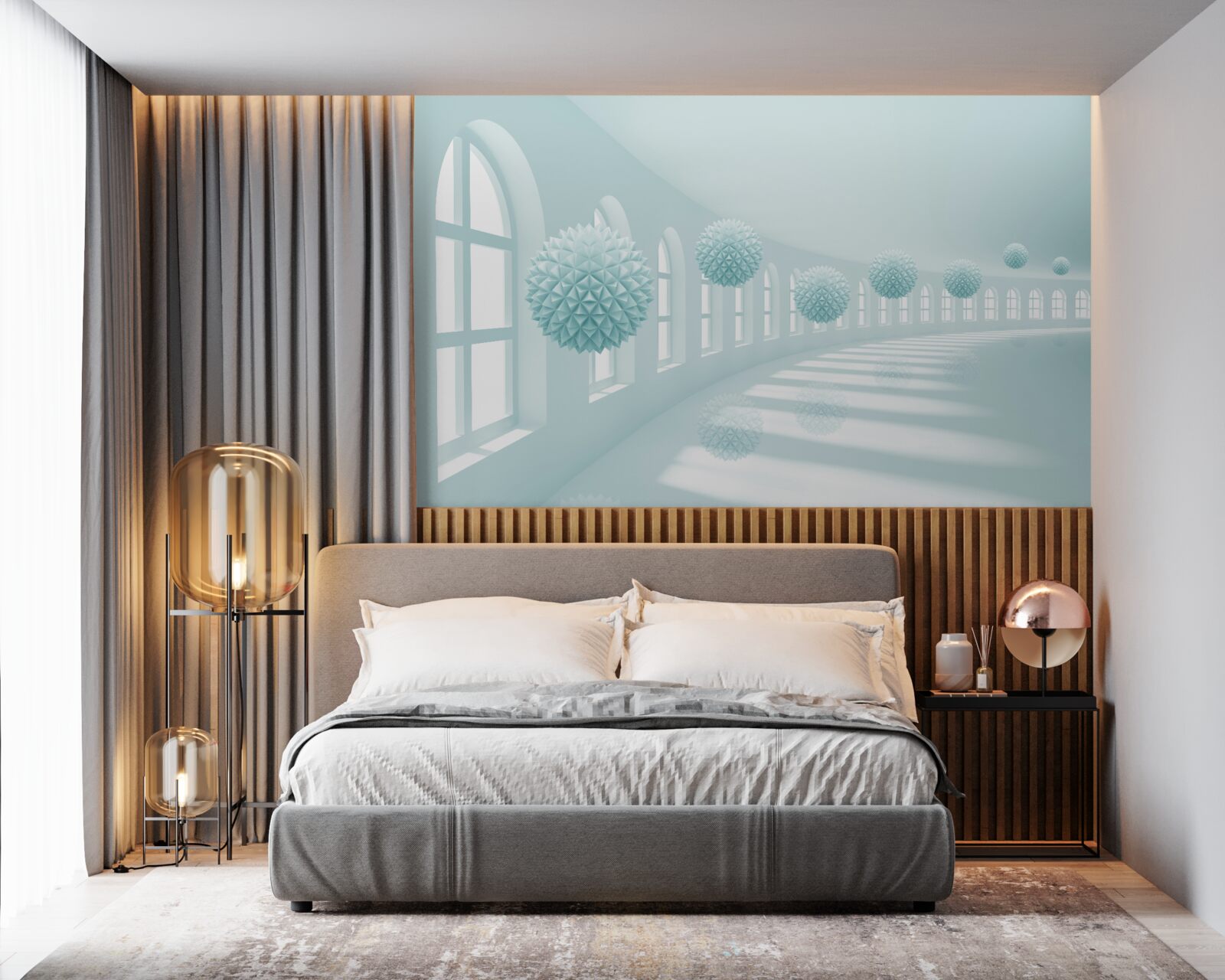 Papier peint allée avec fenêtres et boules bleues