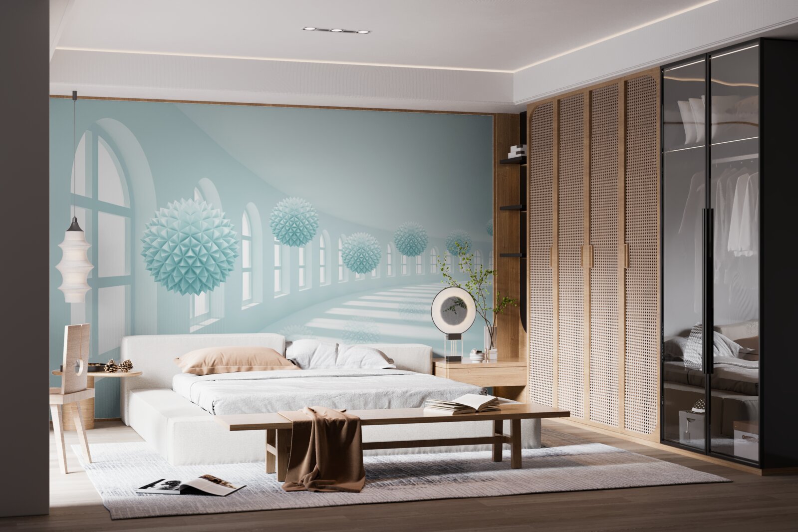 Papier peint allée avec fenêtres et boules bleues