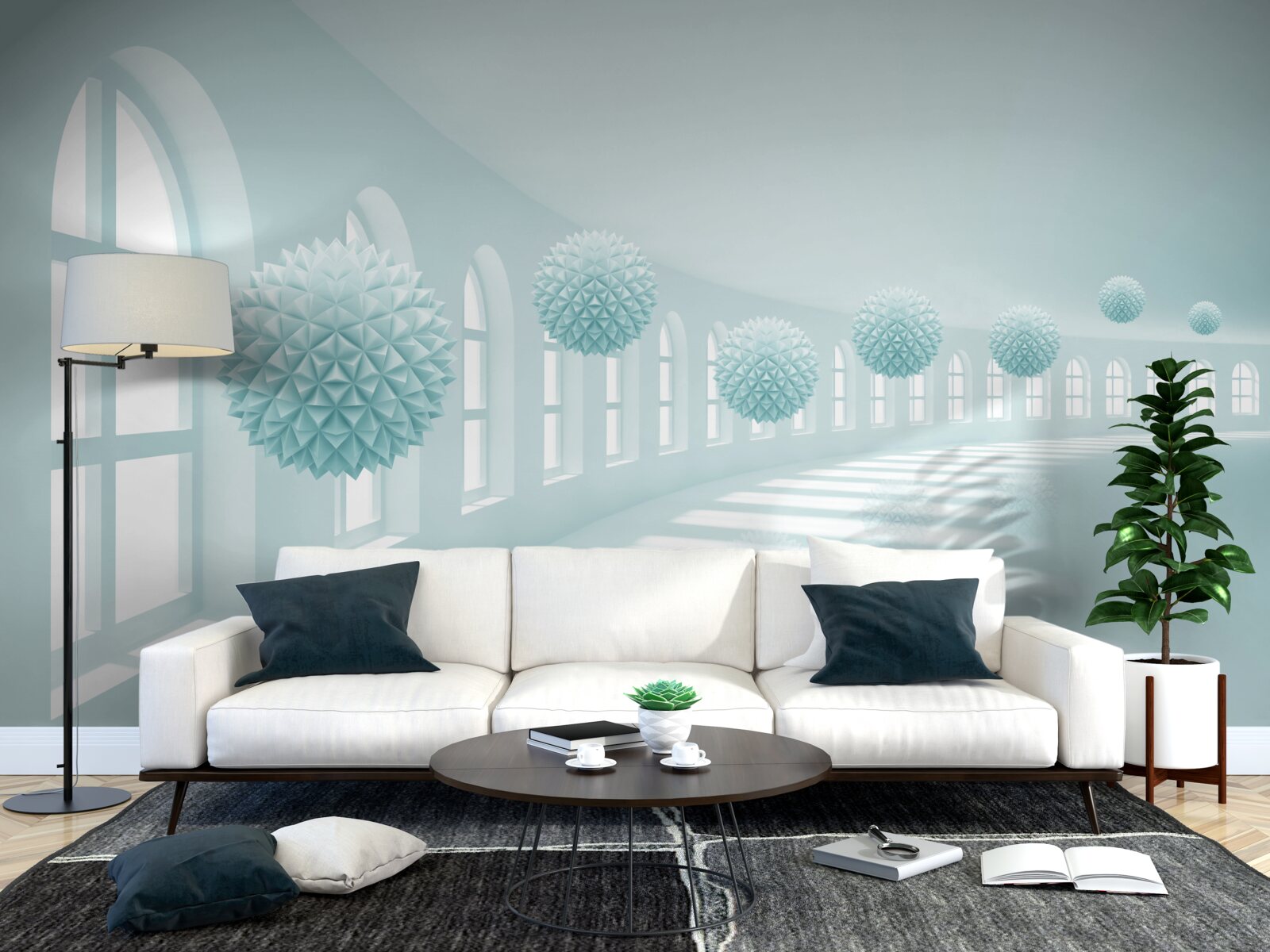 Papier peint allée avec fenêtres et boules bleues