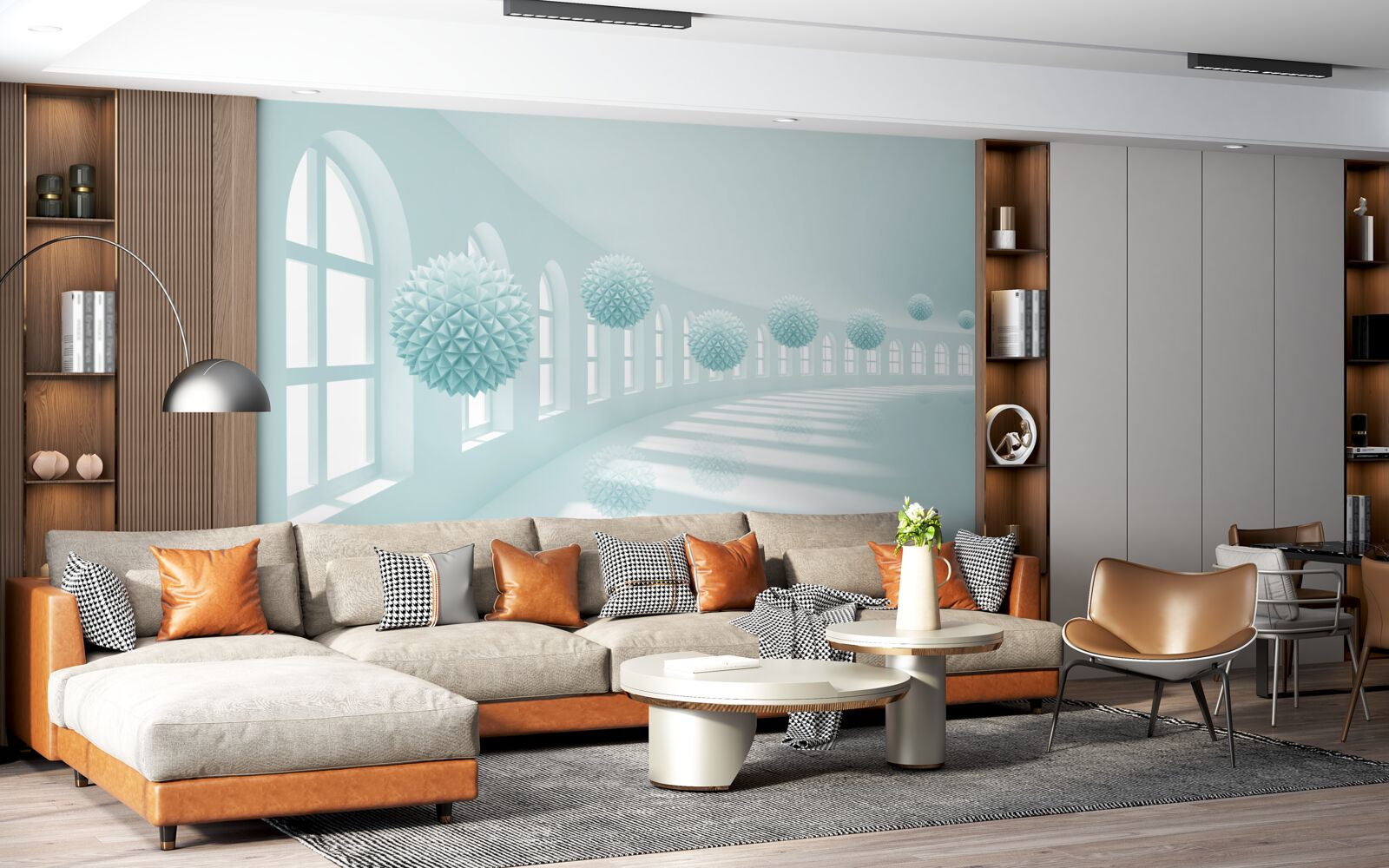 Papier peint allée avec fenêtres et boules bleues