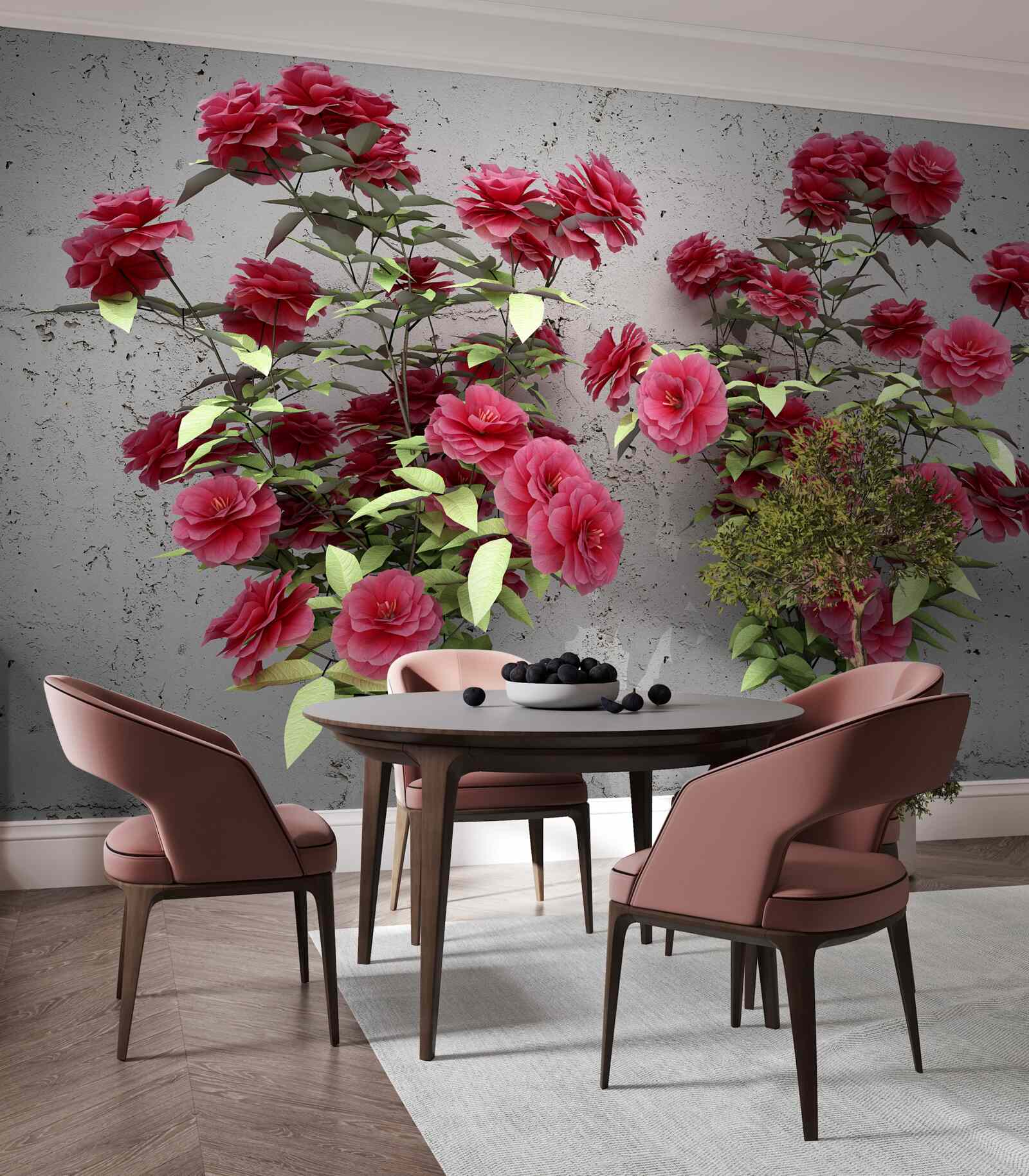 Papier peint fleurs roses avec feuilles vertes