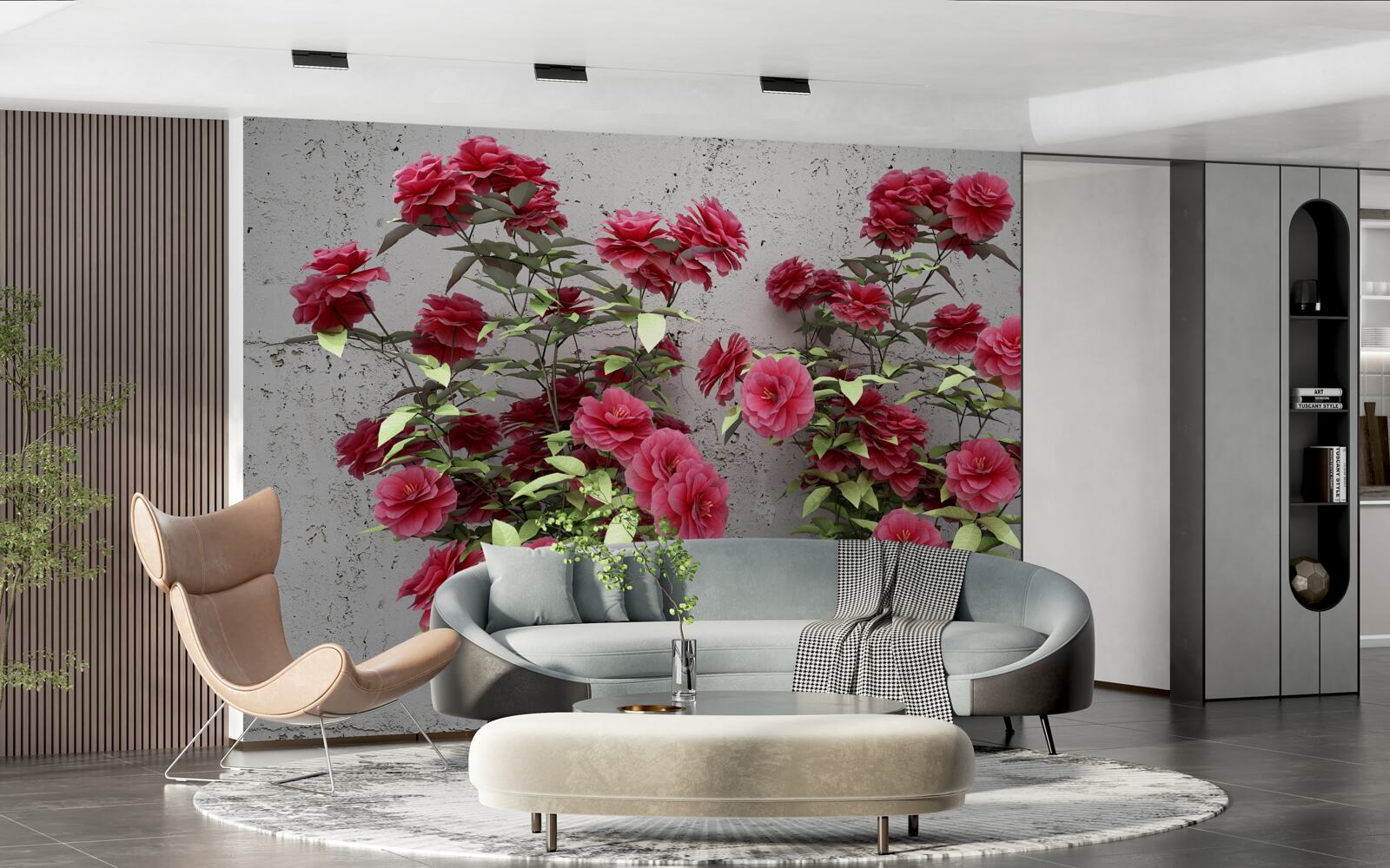 Papier peint fleurs roses avec feuilles vertes