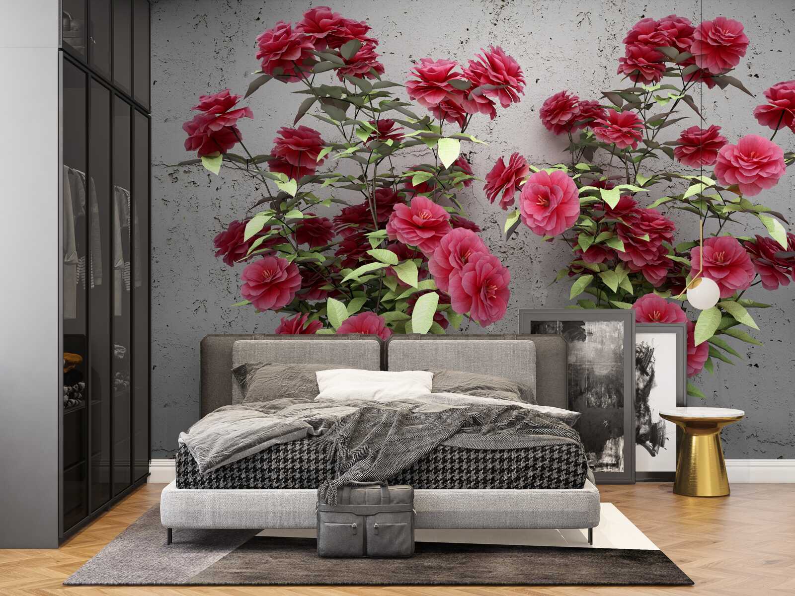 Papier peint fleurs roses avec feuilles vertes