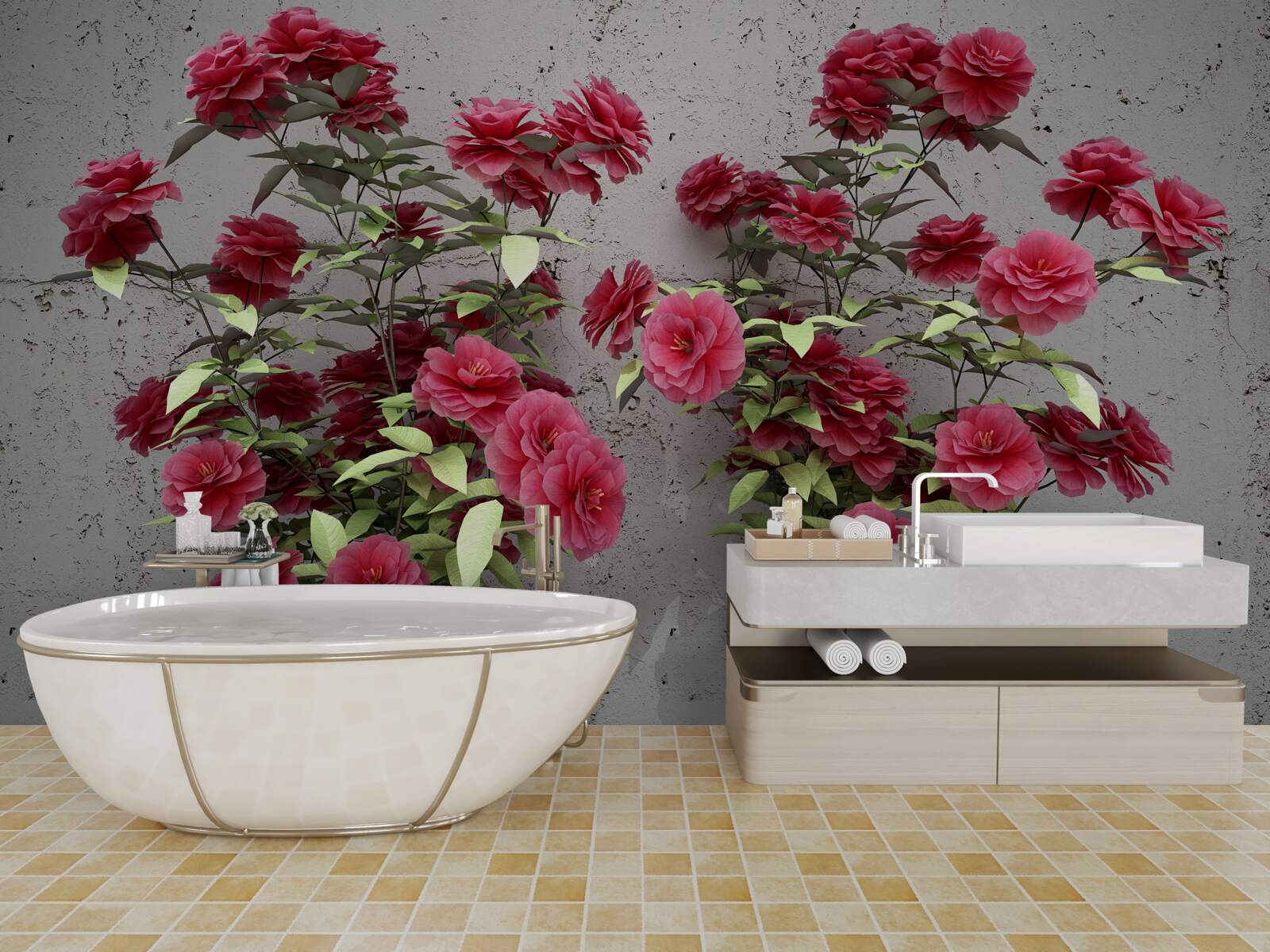 Papier peint fleurs roses avec feuilles vertes