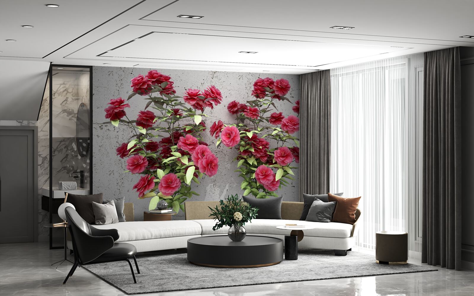 Papier peint fleurs roses avec feuilles vertes