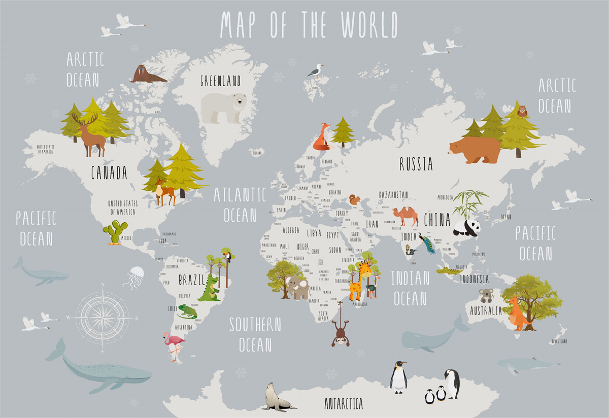 Papier peint les représentants de la faune et de la flore sur une carte de la terre