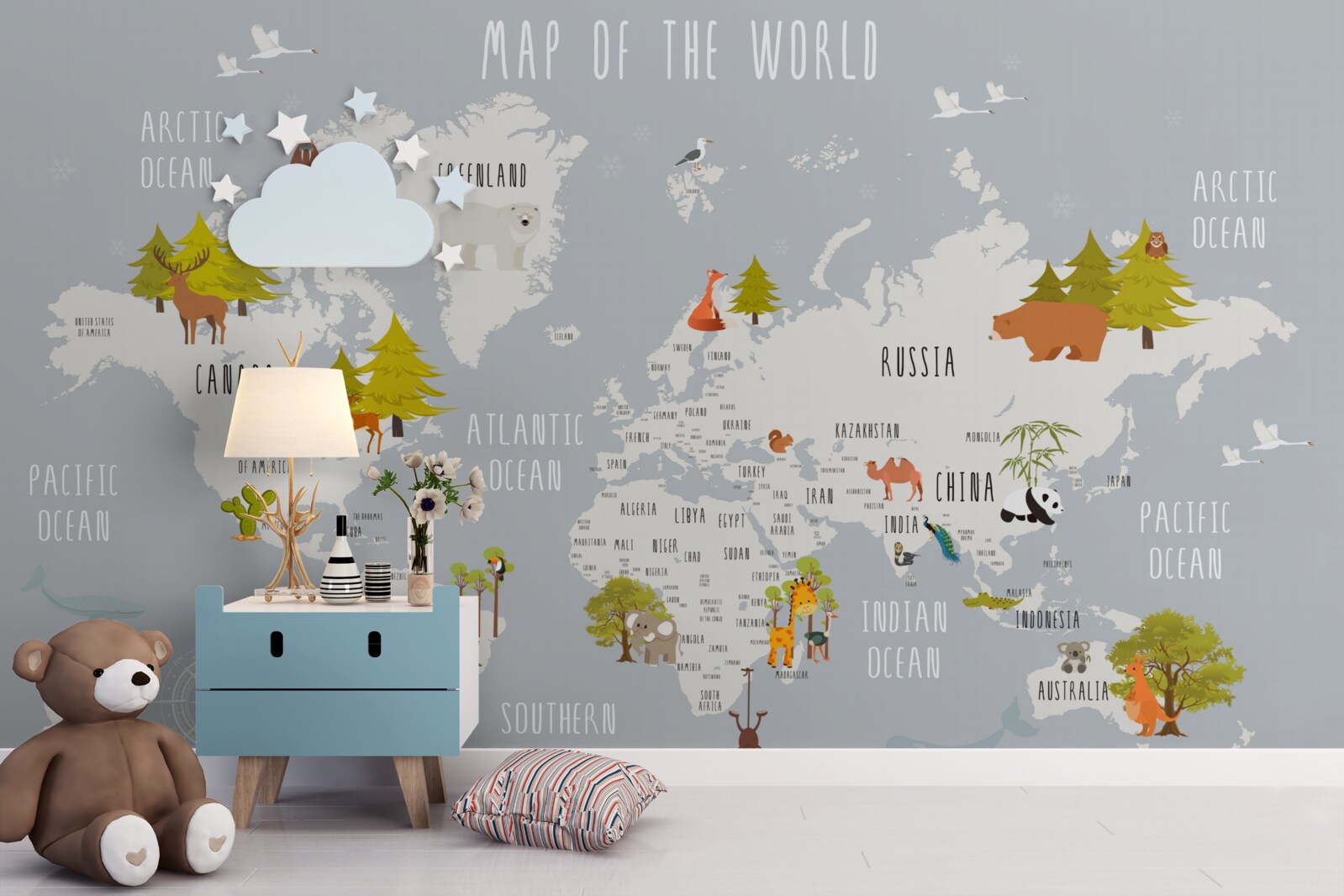 Papier peint les représentants de la faune et de la flore sur une carte de la terre