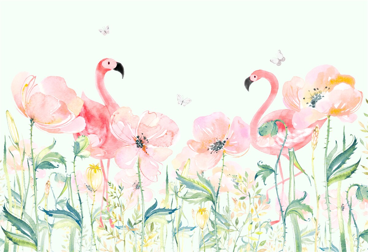 Papier peint flamant rose parmi des fleurs assorties