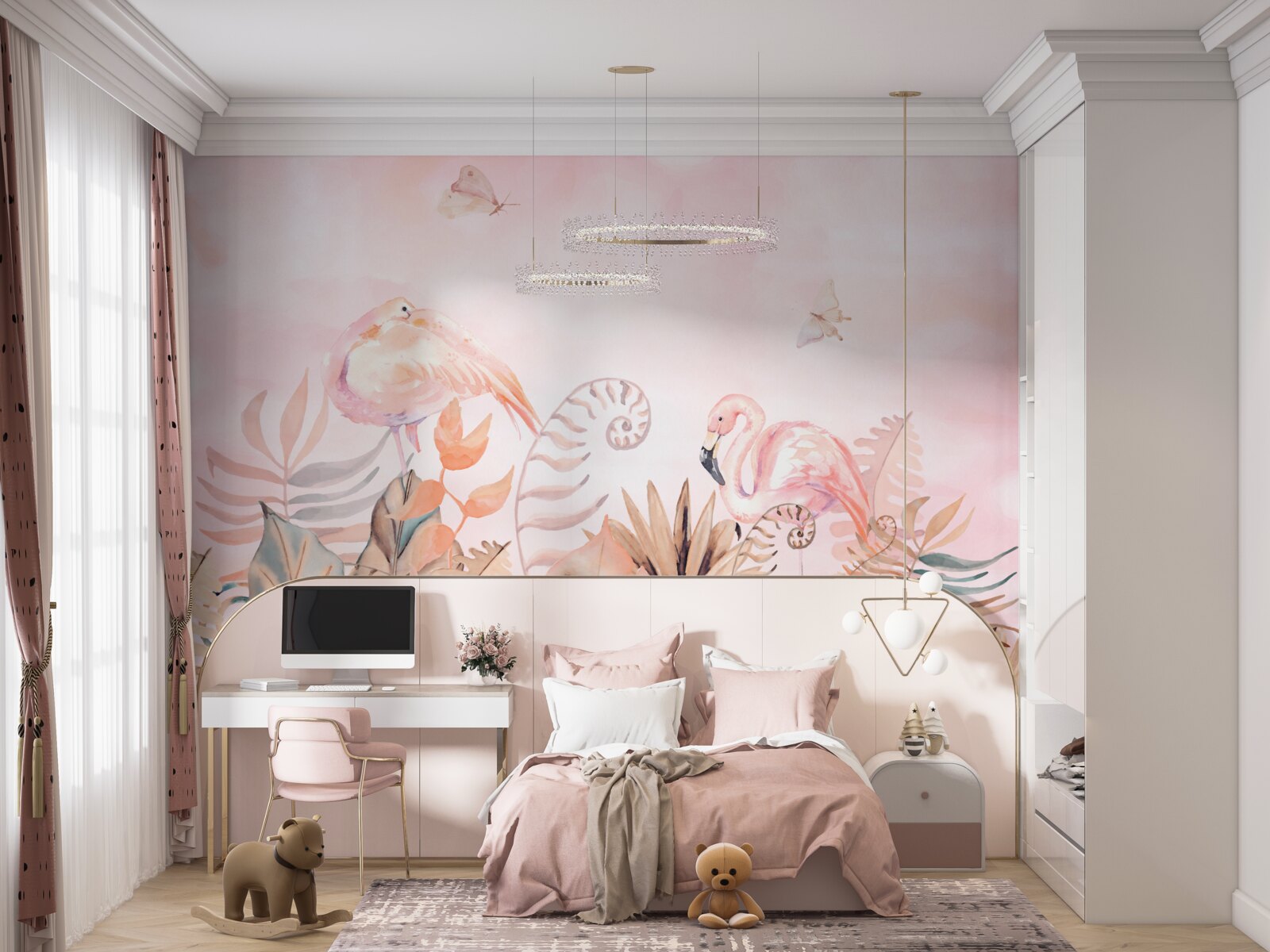 Papier peint sur les branches, des flamants roses