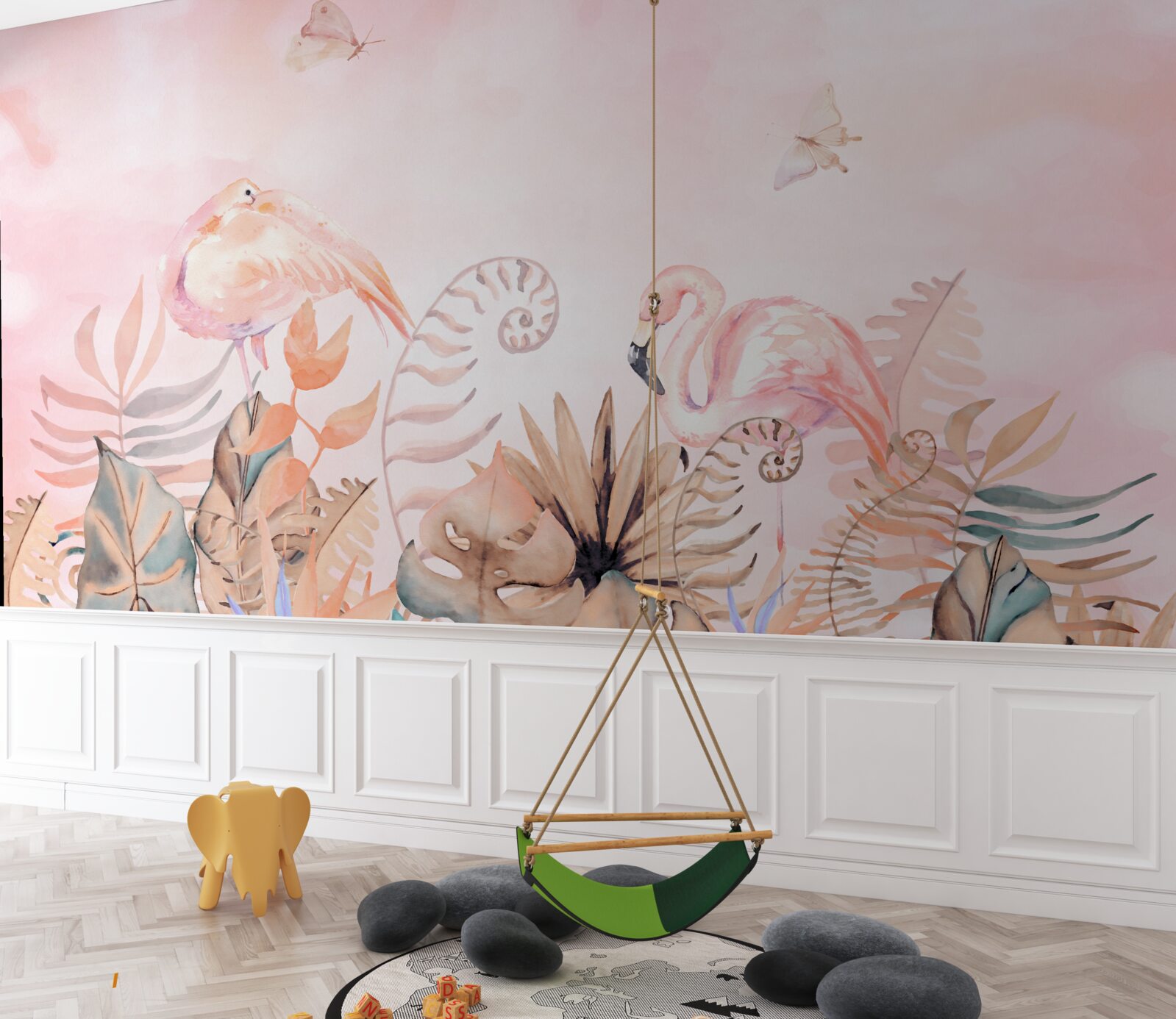 Papier peint sur les branches, des flamants roses