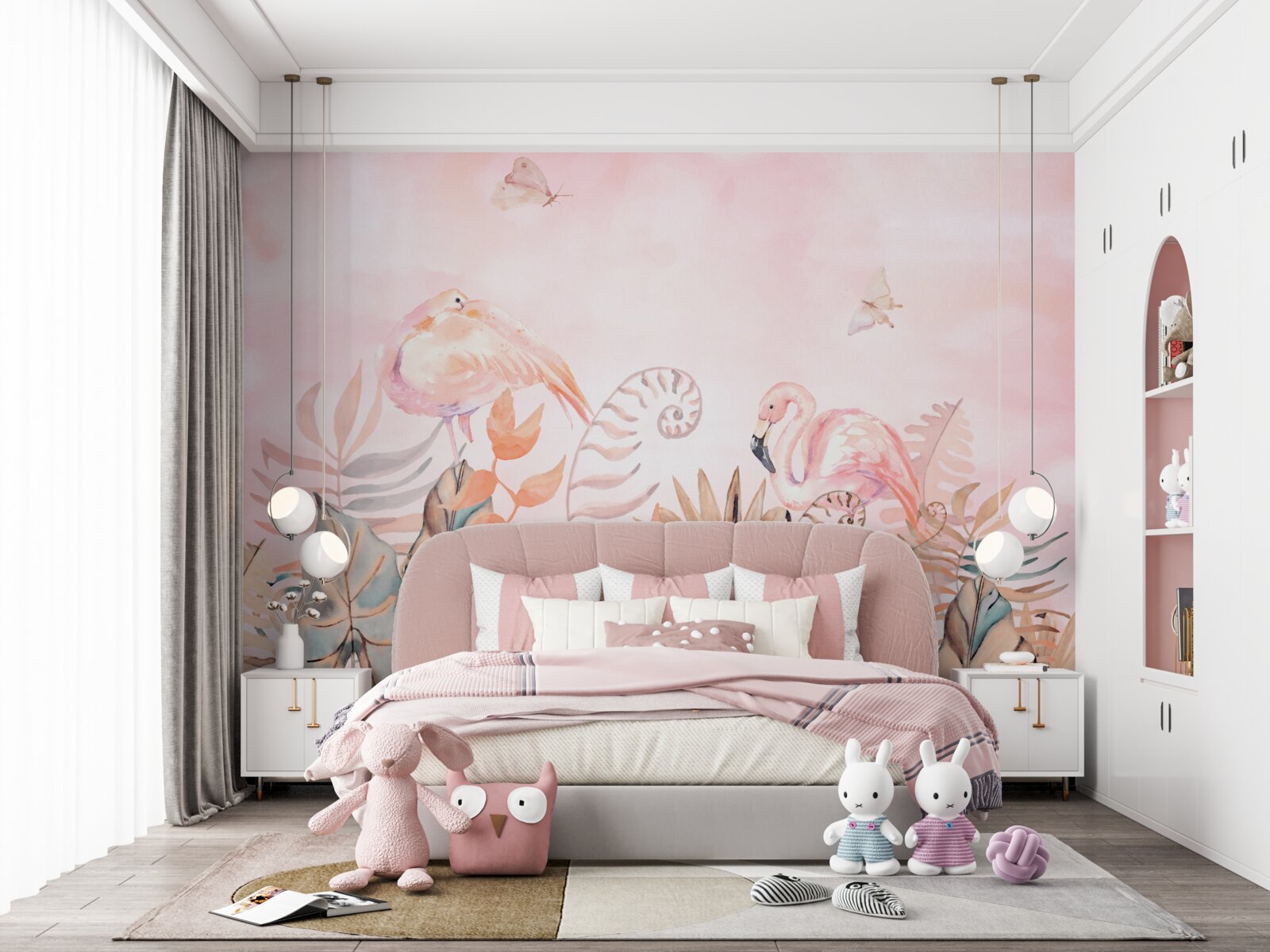 Papier peint sur les branches, des flamants roses