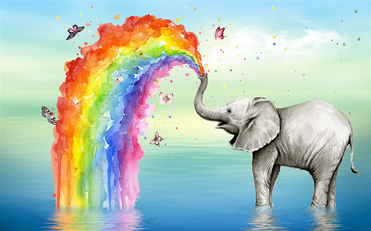 Papier peint un arc-en-ciel sort de la trompe d'un éléphant