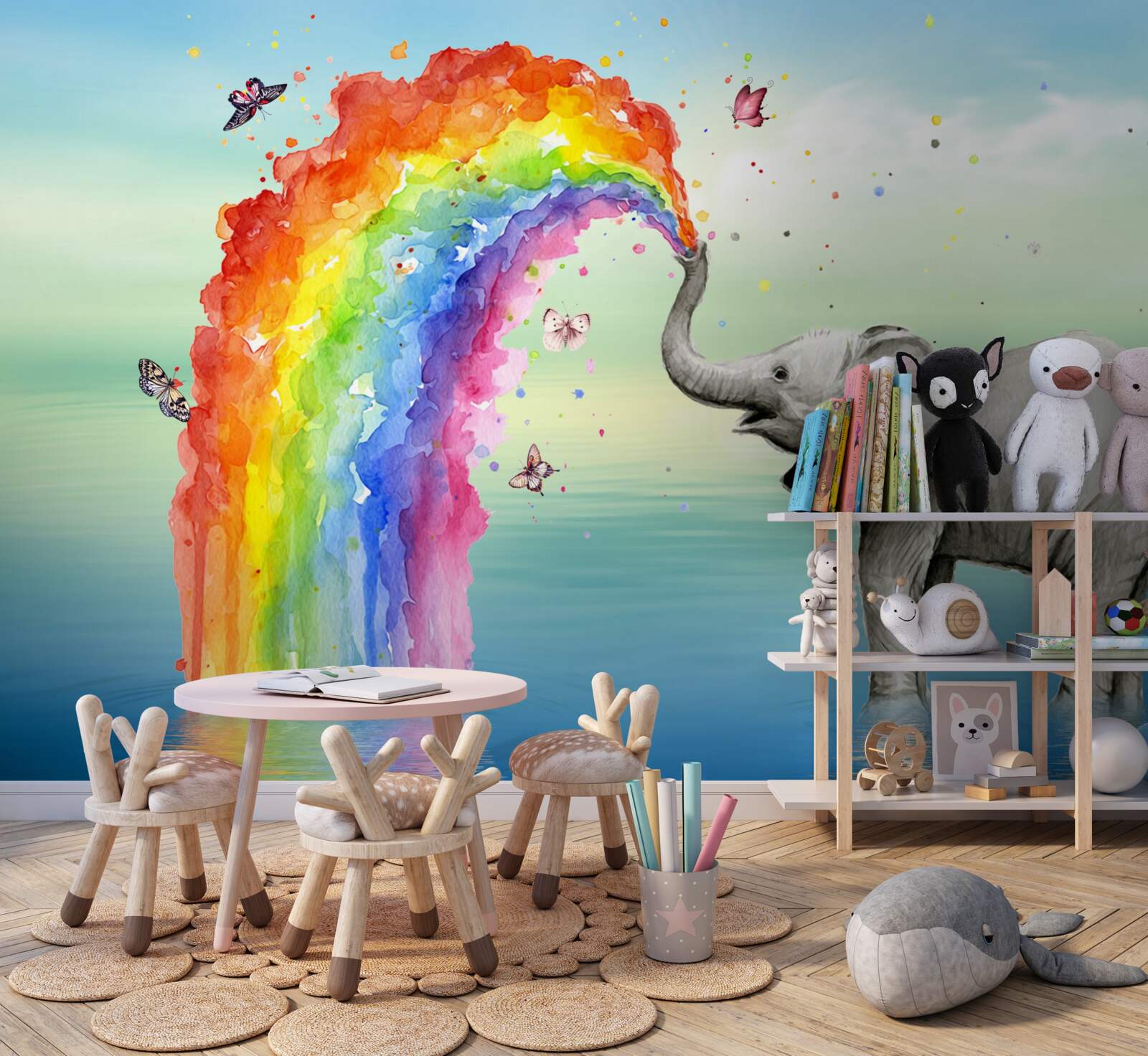 Papier peint un arc-en-ciel sort de la trompe d'un éléphant