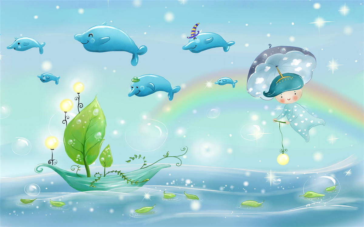 Papier peint un enfant avec un parapluie vole avec des dauphins à la surface de l'eau