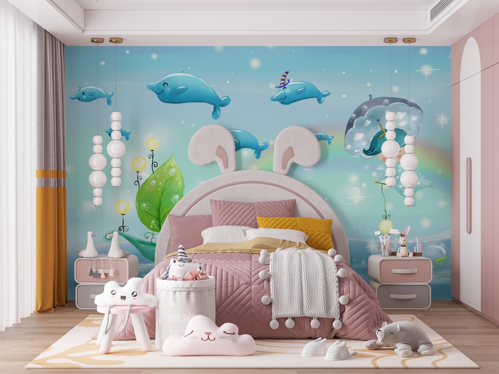 Papier peint un enfant avec un parapluie vole avec des dauphins à la surface de l'eau