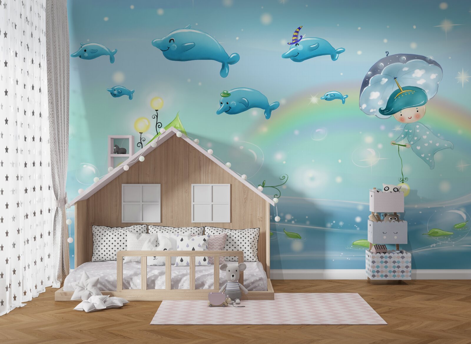 Papier peint un enfant avec un parapluie vole avec des dauphins à la surface de l'eau