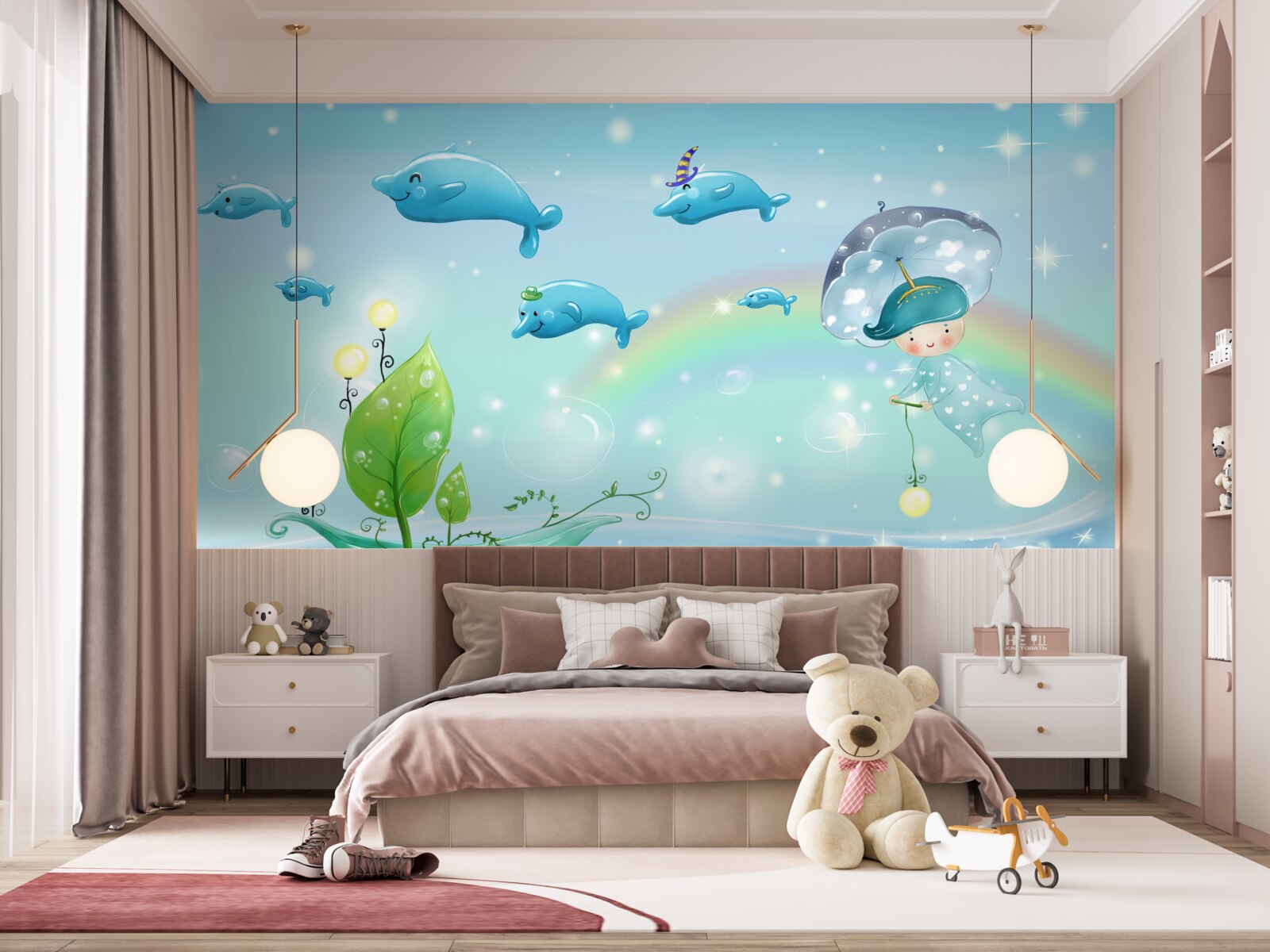 Papier peint un enfant avec un parapluie vole avec des dauphins à la surface de l'eau