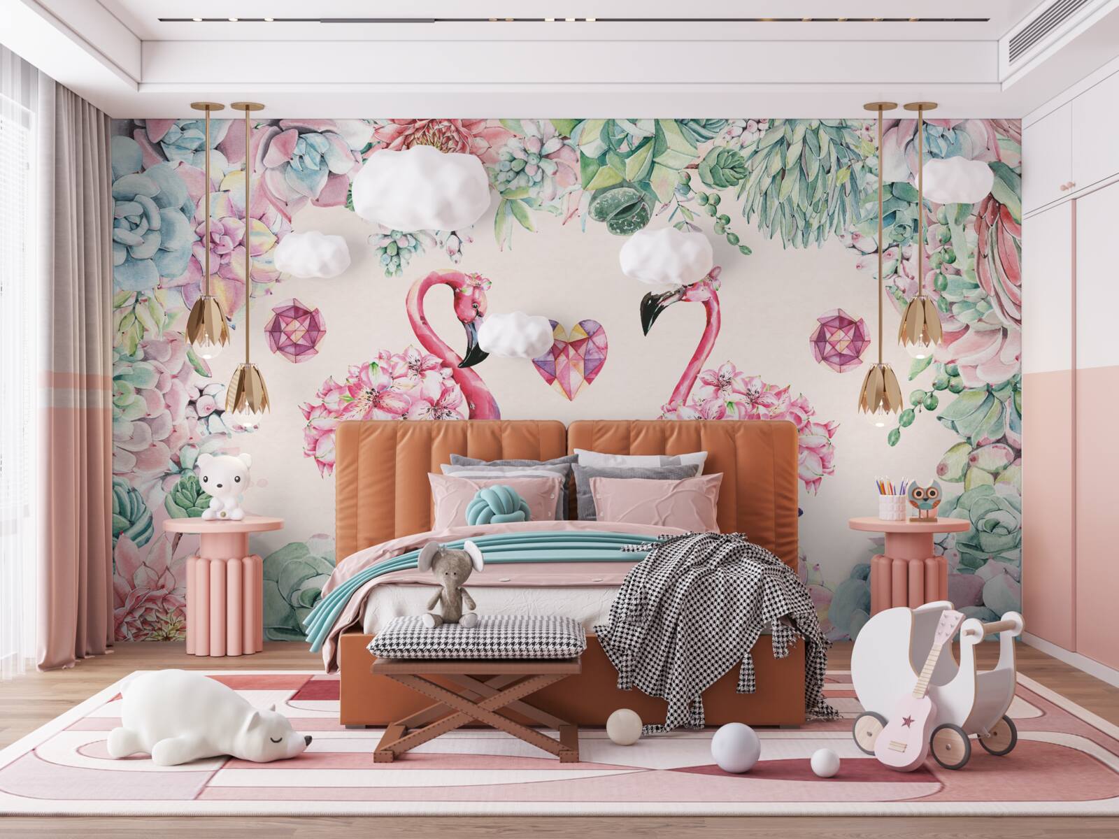 Papier peint deux flamants roses parmi la verdure et les fleurs