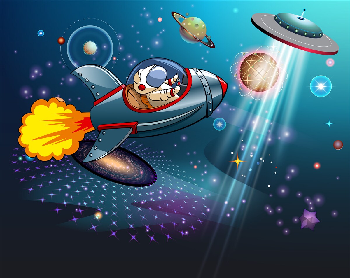 Papier peint un astronaute se rend dans les abysses de l'espace à bord d'une fusée