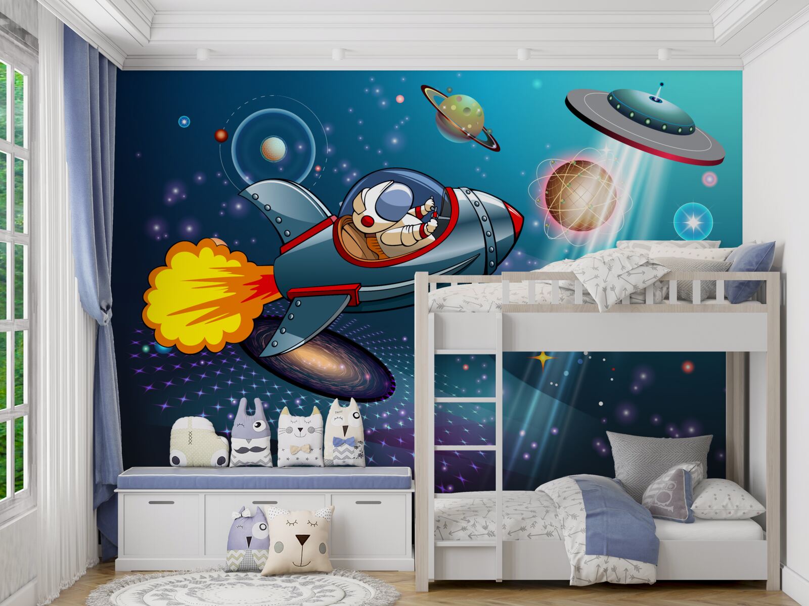 Papier peint un astronaute se rend dans les abysses de l'espace à bord d'une fusée