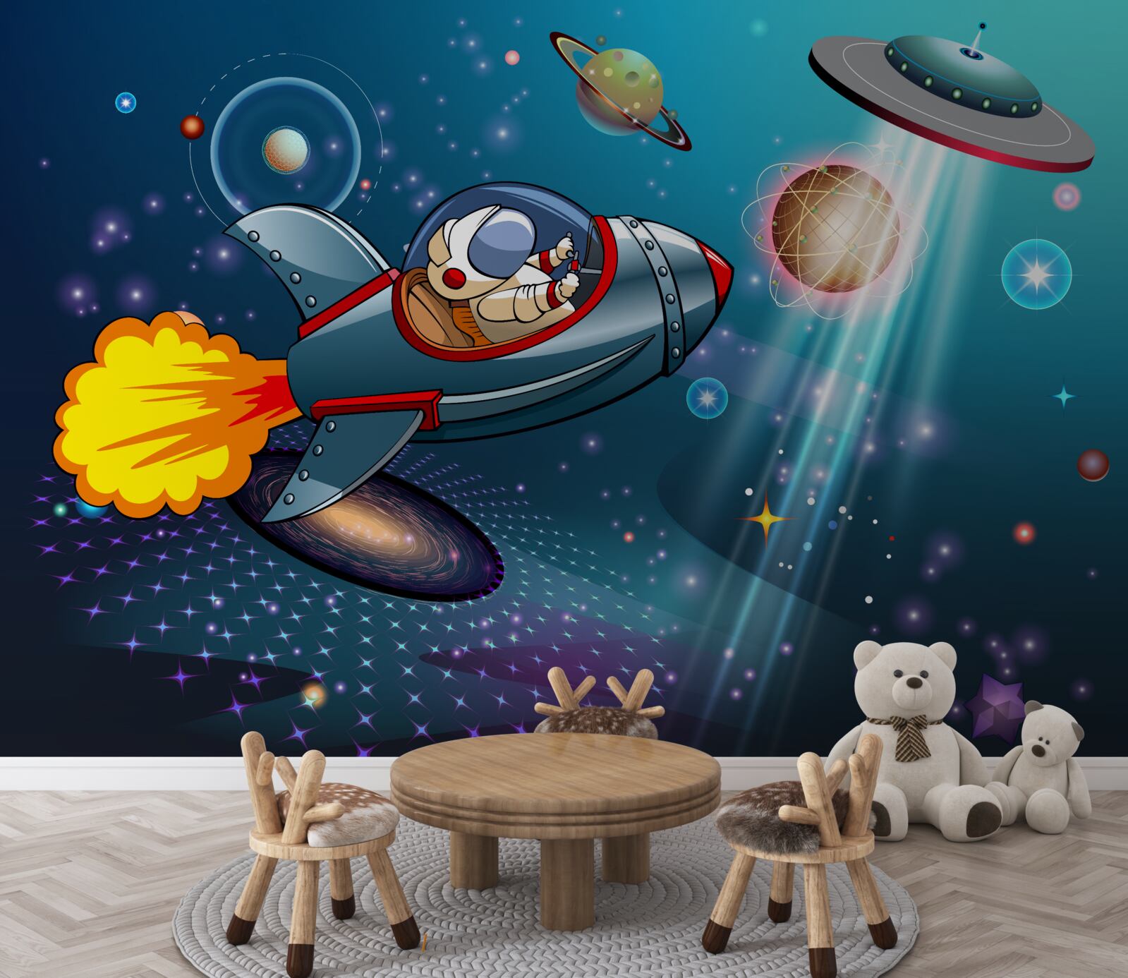 Papier peint un astronaute se rend dans les abysses de l'espace à bord d'une fusée