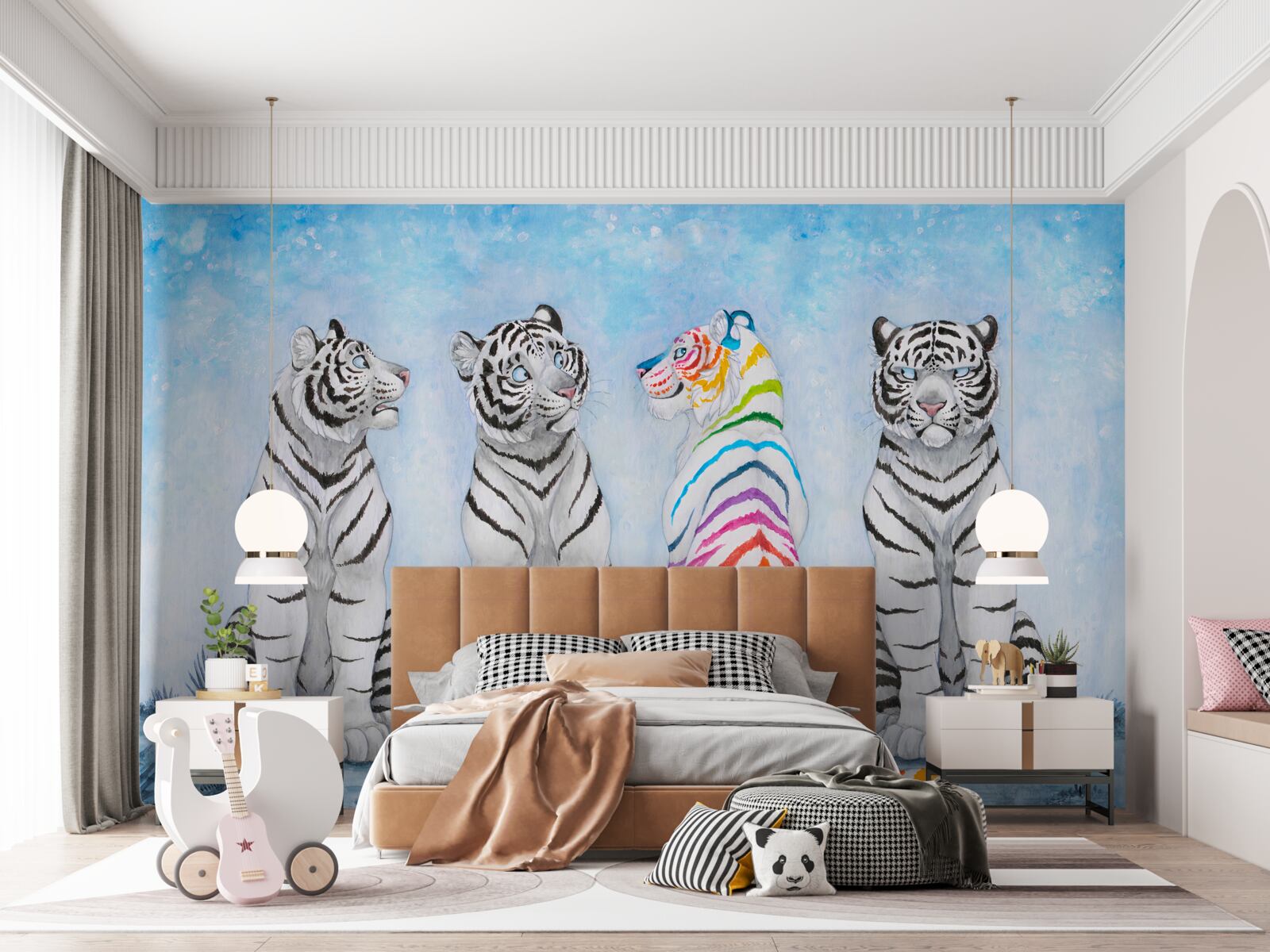 Papier peint un tigre et trois tigres blancs