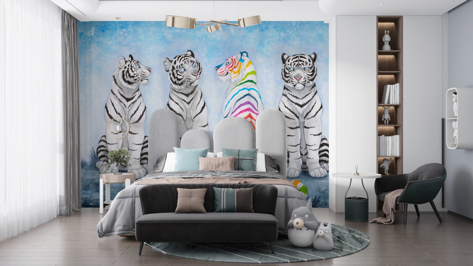 Papier peint un tigre et trois tigres blancs