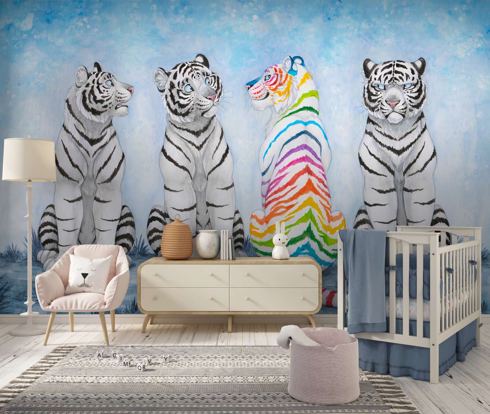 Papier peint un tigre et trois tigres blancs