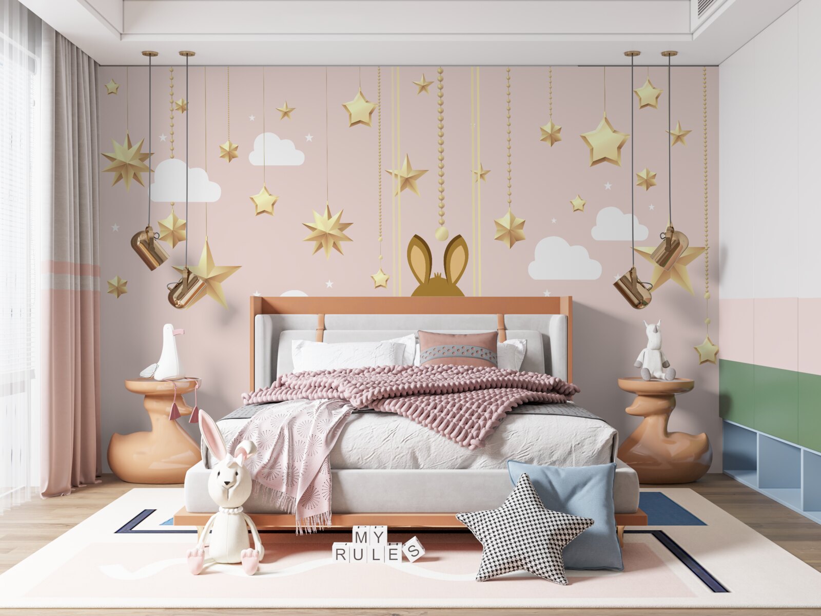 Papier peint un lapin se balance sur une balançoire à carottes