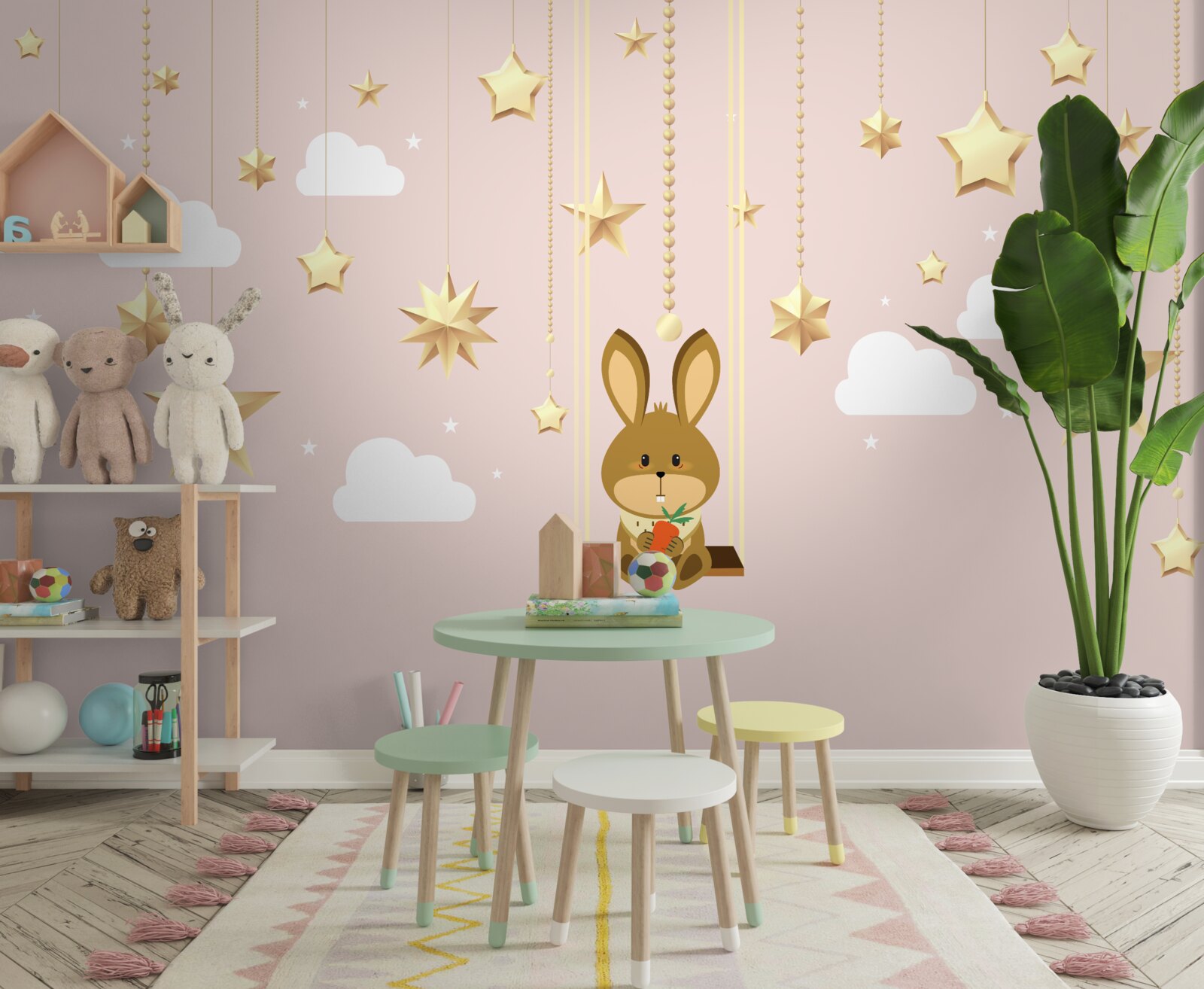 Papier peint un lapin se balance sur une balançoire à carottes