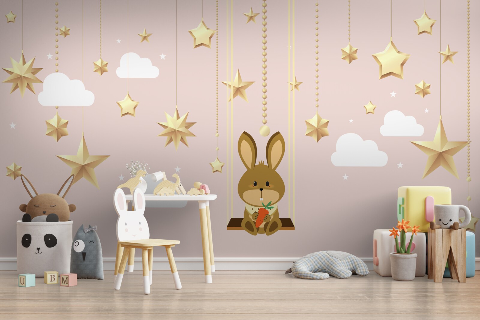 Papier peint un lapin se balance sur une balançoire à carottes