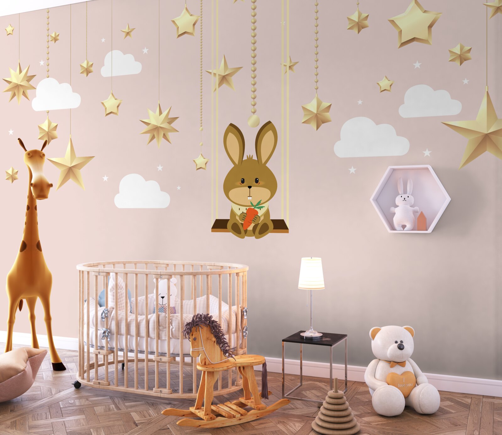 Papier peint un lapin se balance sur une balançoire à carottes