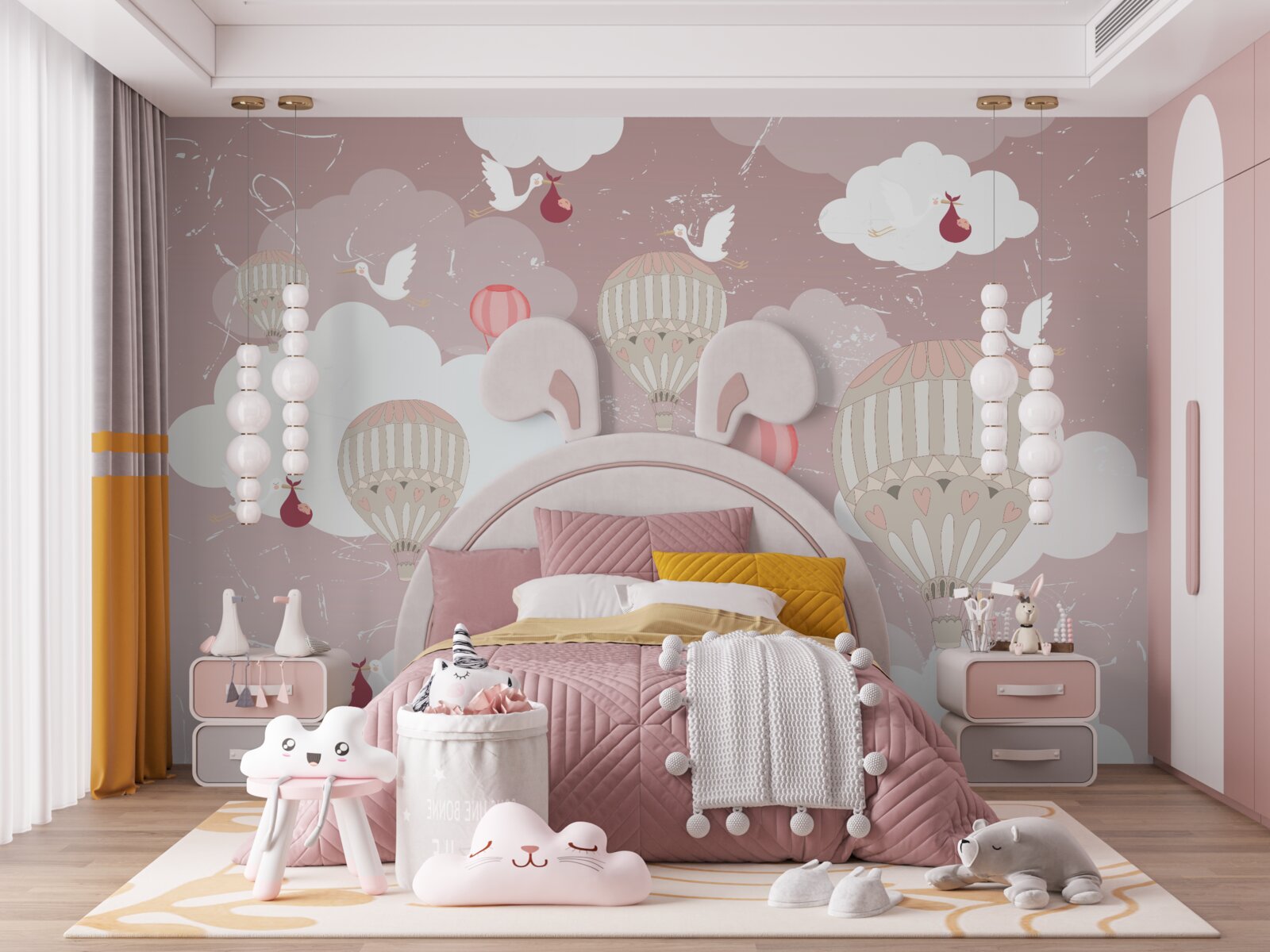 Papier peint parmi les ballons, les cigognes amènent les enfants