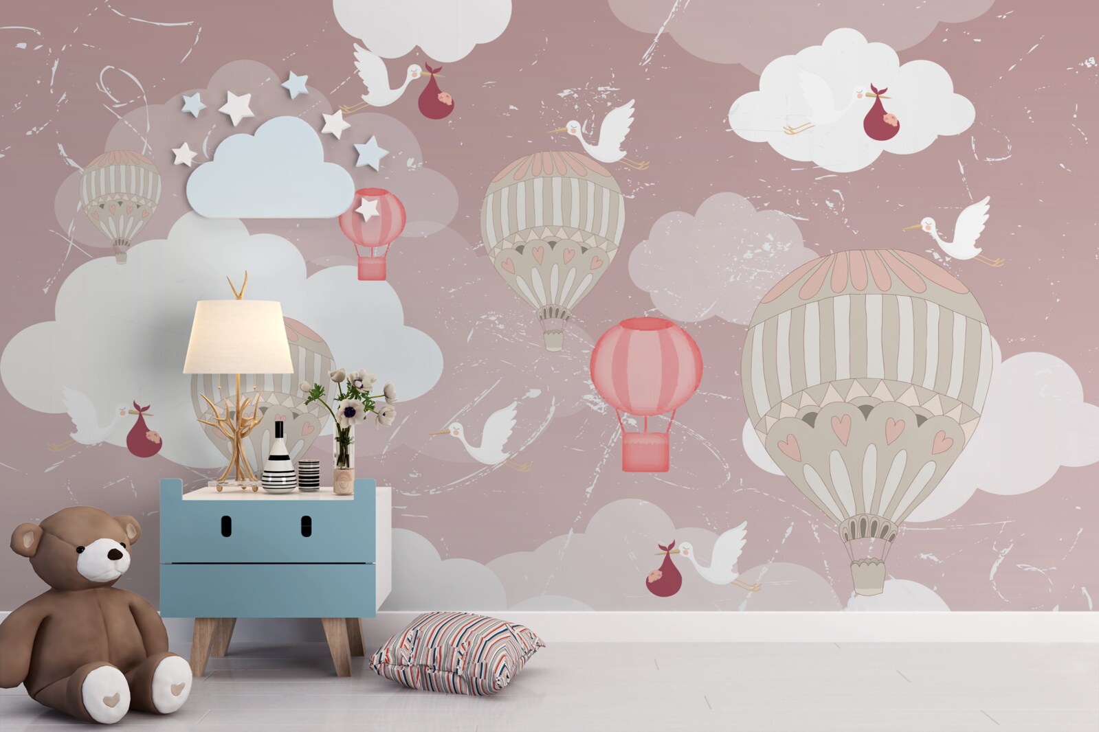 Papier peint parmi les ballons, les cigognes amènent les enfants