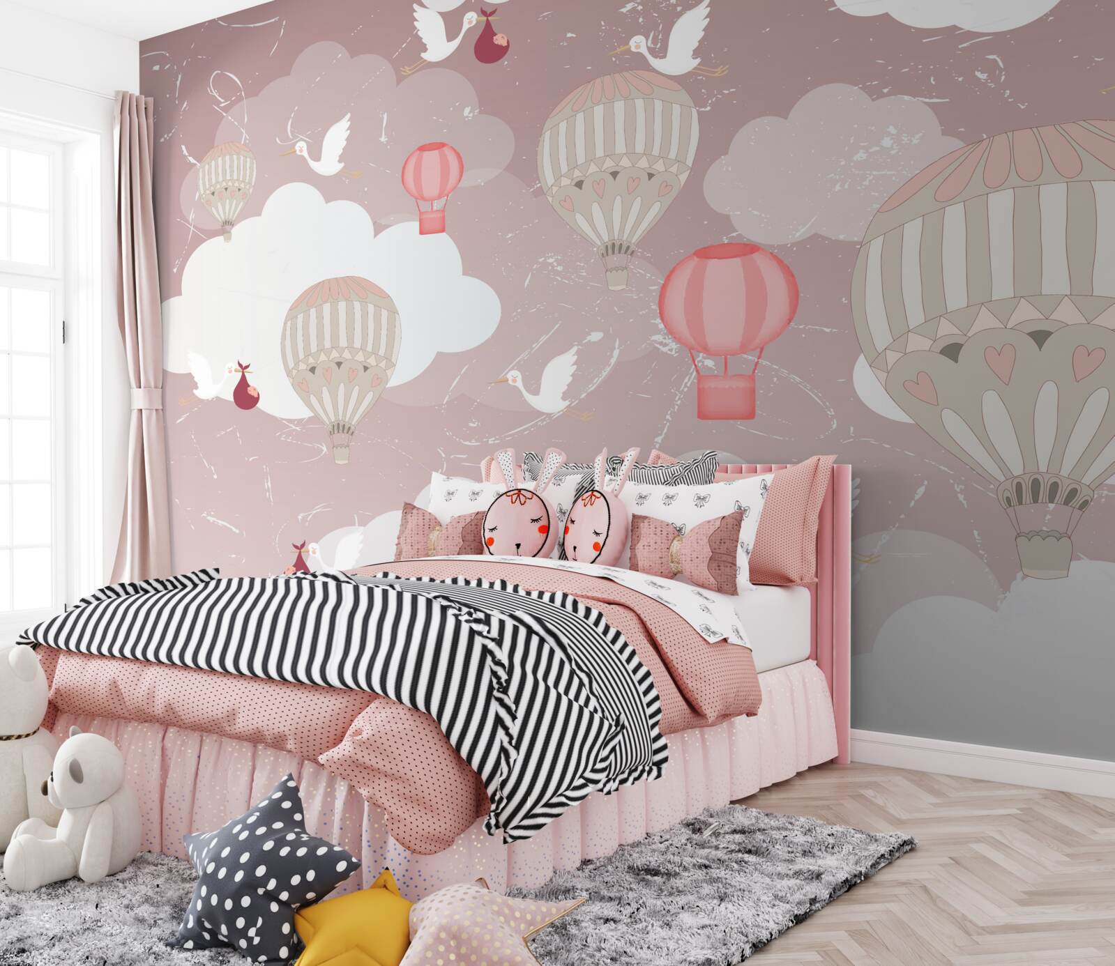 Papier peint parmi les ballons, les cigognes amènent les enfants