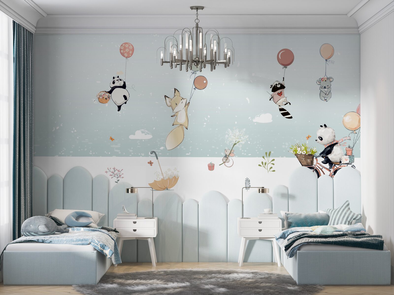Papier peint des animaux flottent sur des ballons et un panda fait du vélo