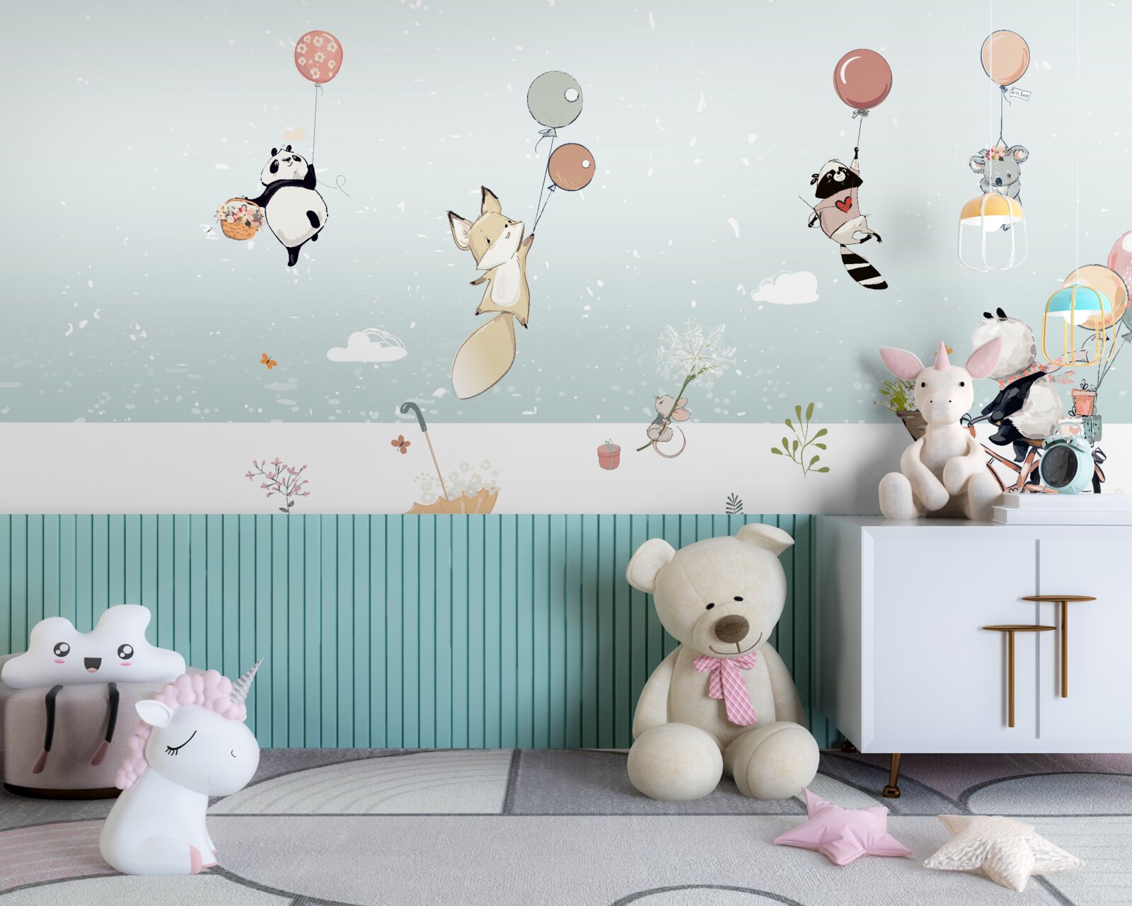 Papier peint des animaux flottent sur des ballons et un panda fait du vélo