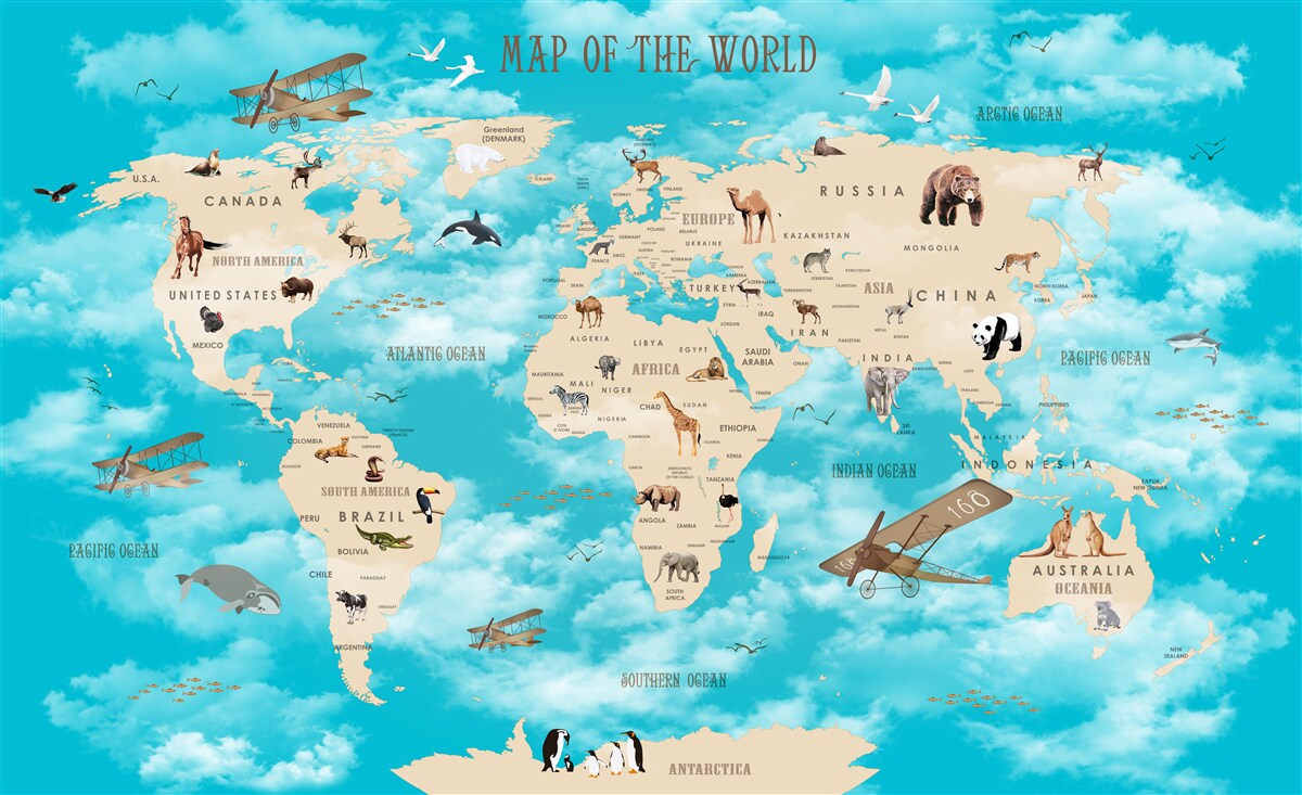 Papier peint carte du monde avec détails sur fond turquoise