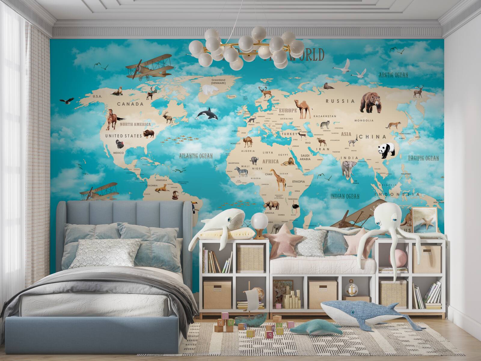 Papier peint carte du monde avec détails sur fond turquoise