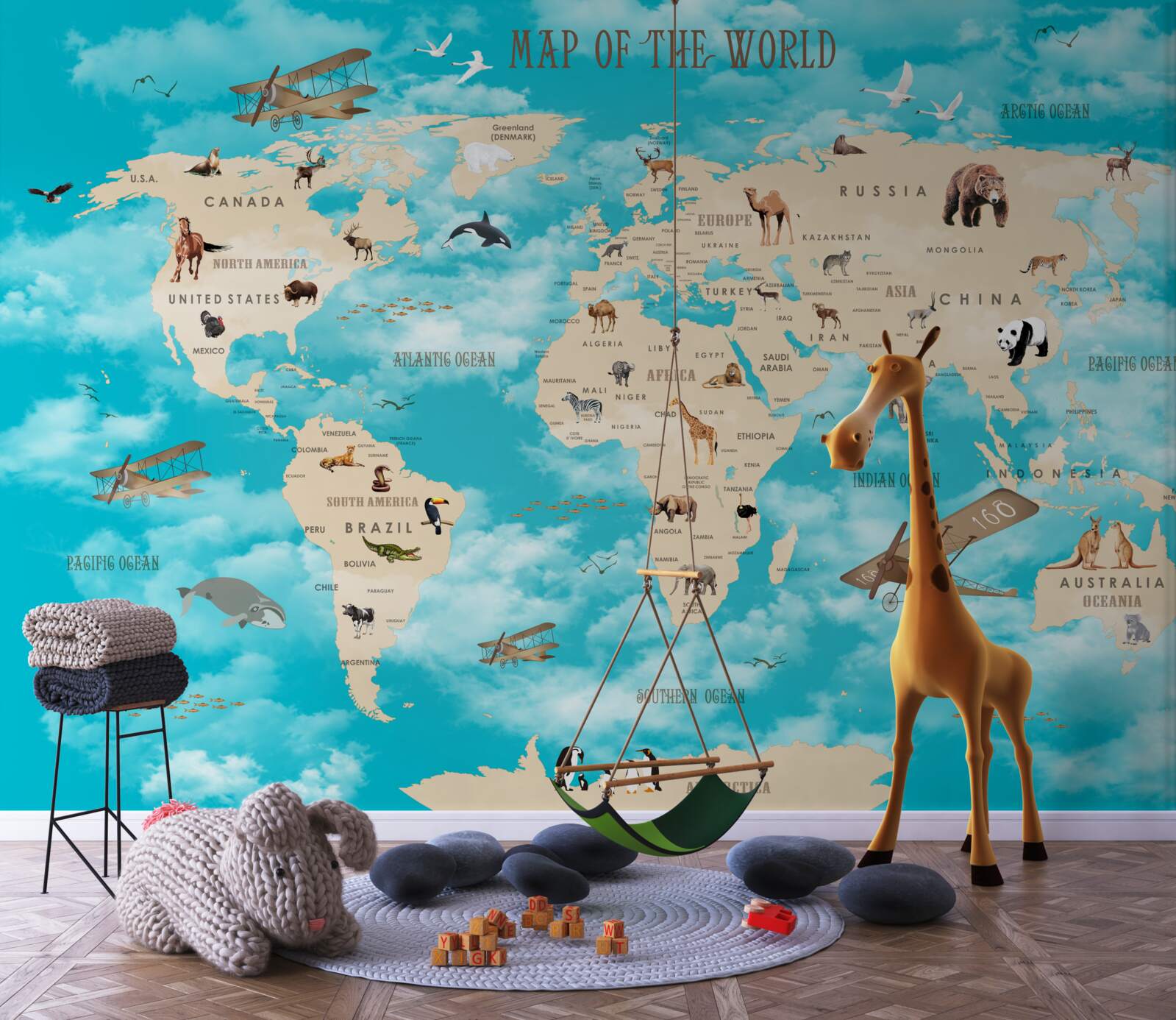 Papier peint carte du monde avec détails sur fond turquoise