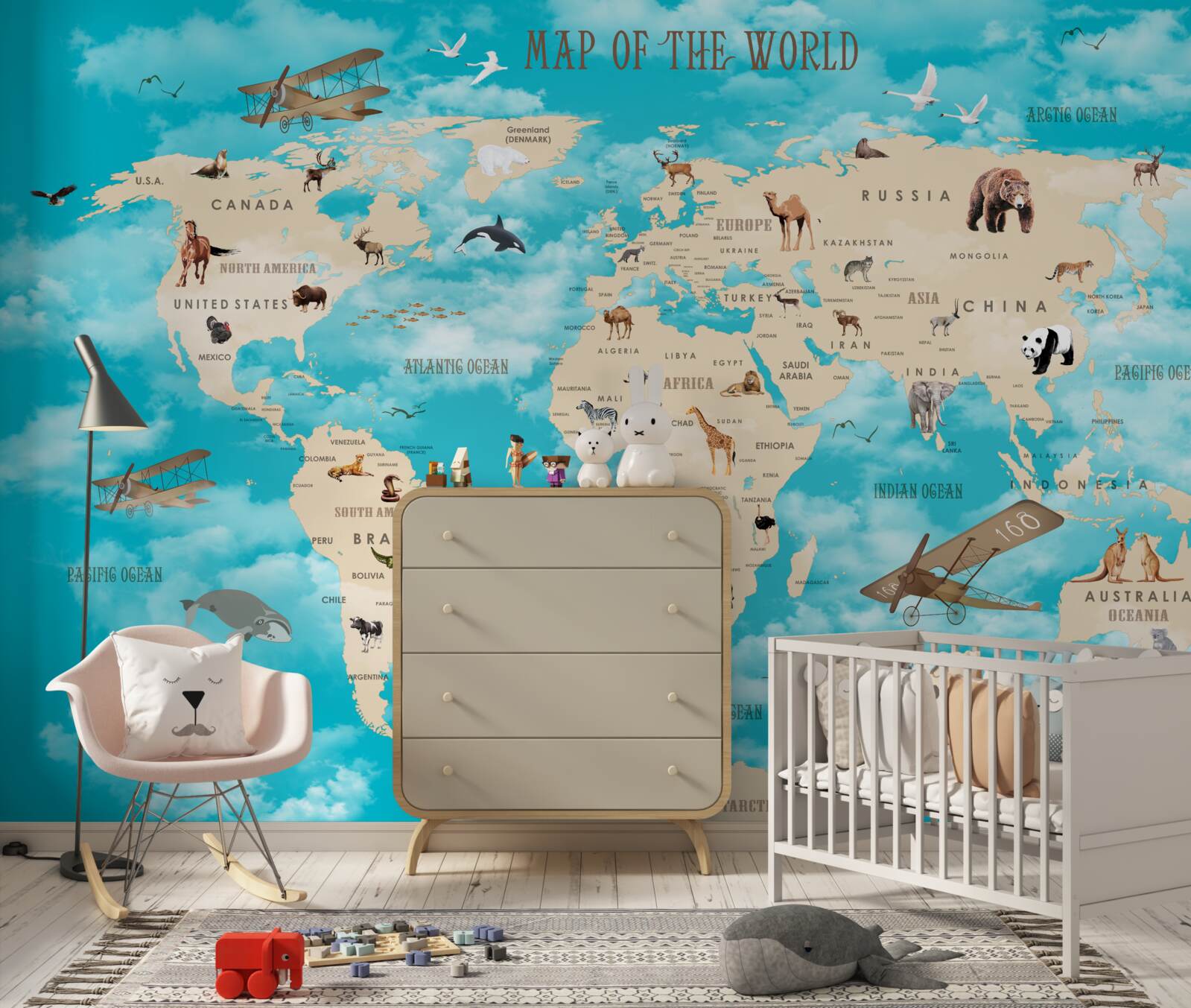 Papier peint carte du monde avec détails sur fond turquoise