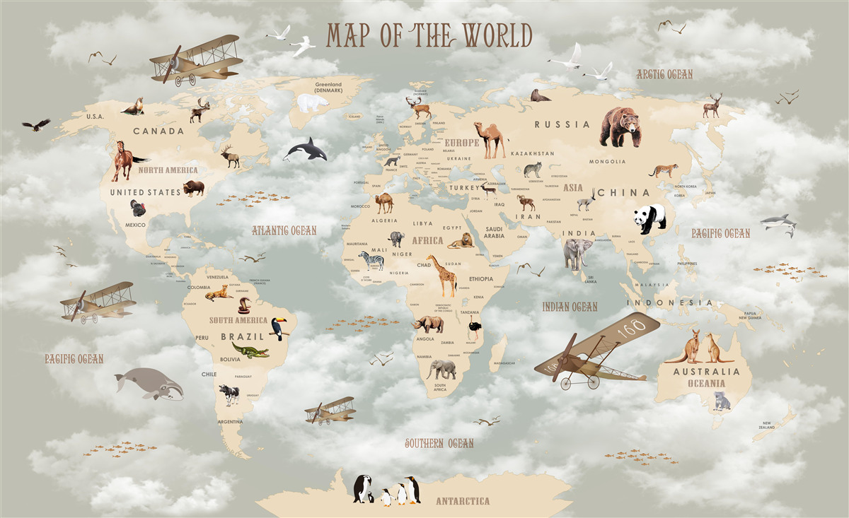 Papier peint carte du monde montrant les animaux et les transports