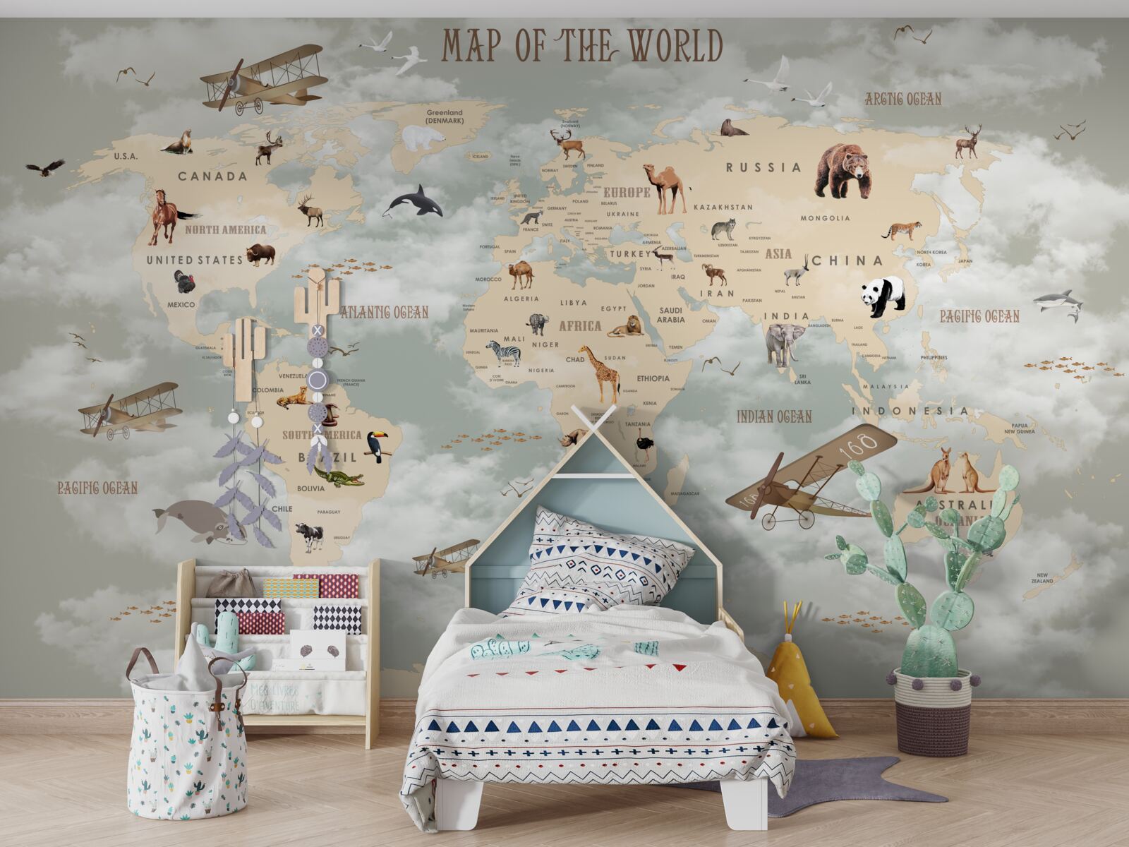 Papier peint carte du monde montrant les animaux et les transports