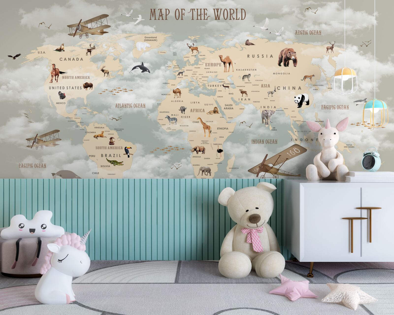 Papier peint carte du monde montrant les animaux et les transports