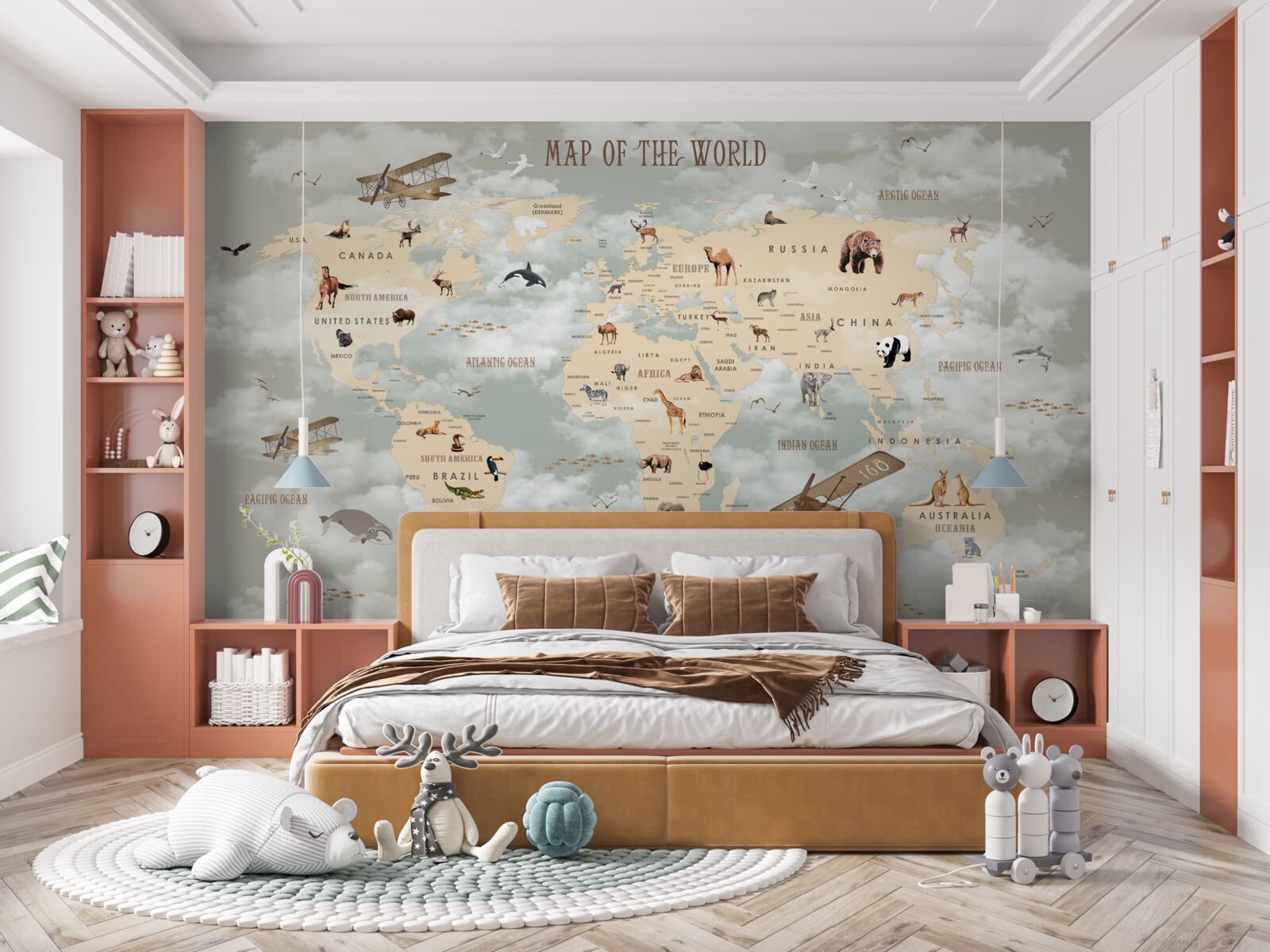 Papier peint carte du monde montrant les animaux et les transports