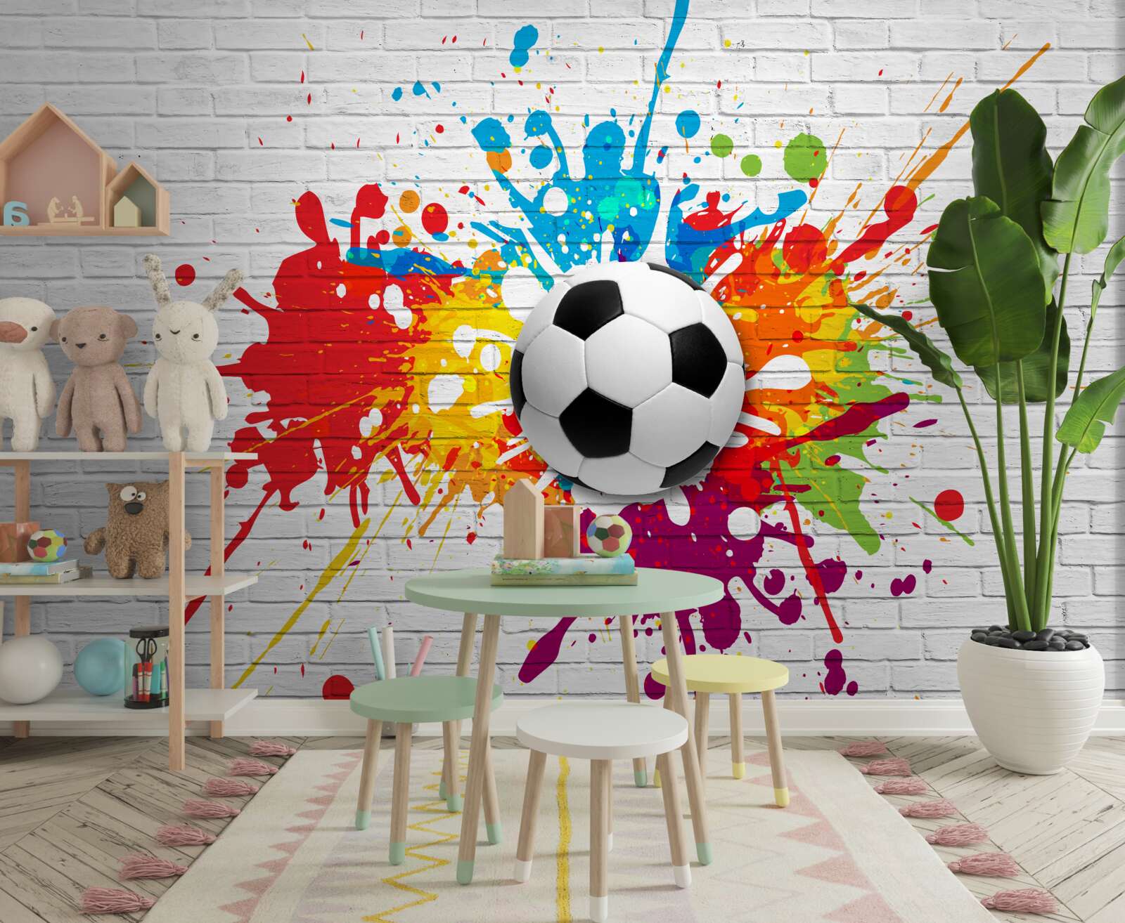 Papier peint il y a un ballon de football sur le mur de briques