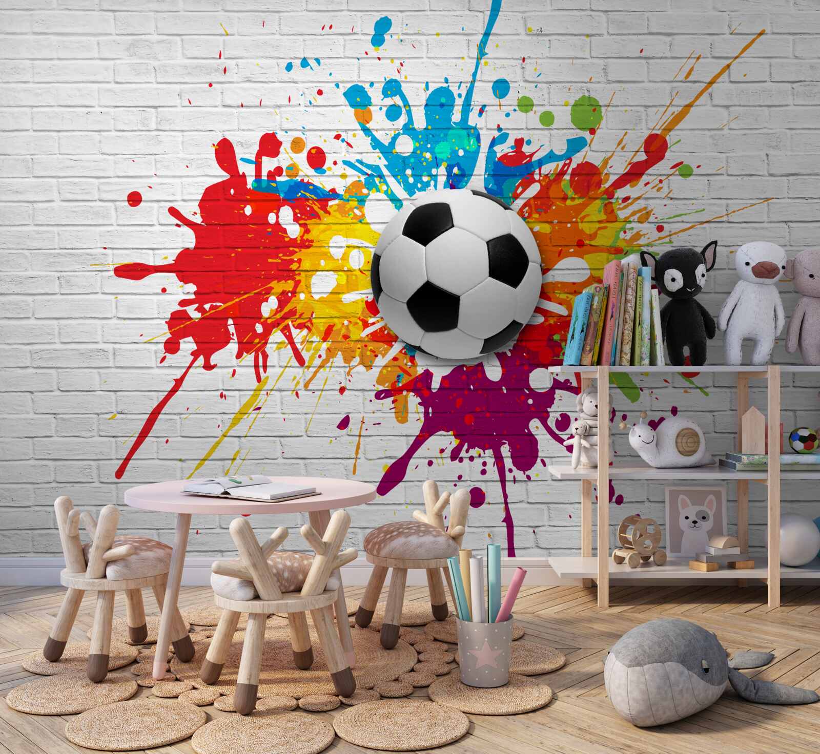 Papier peint il y a un ballon de football sur le mur de briques