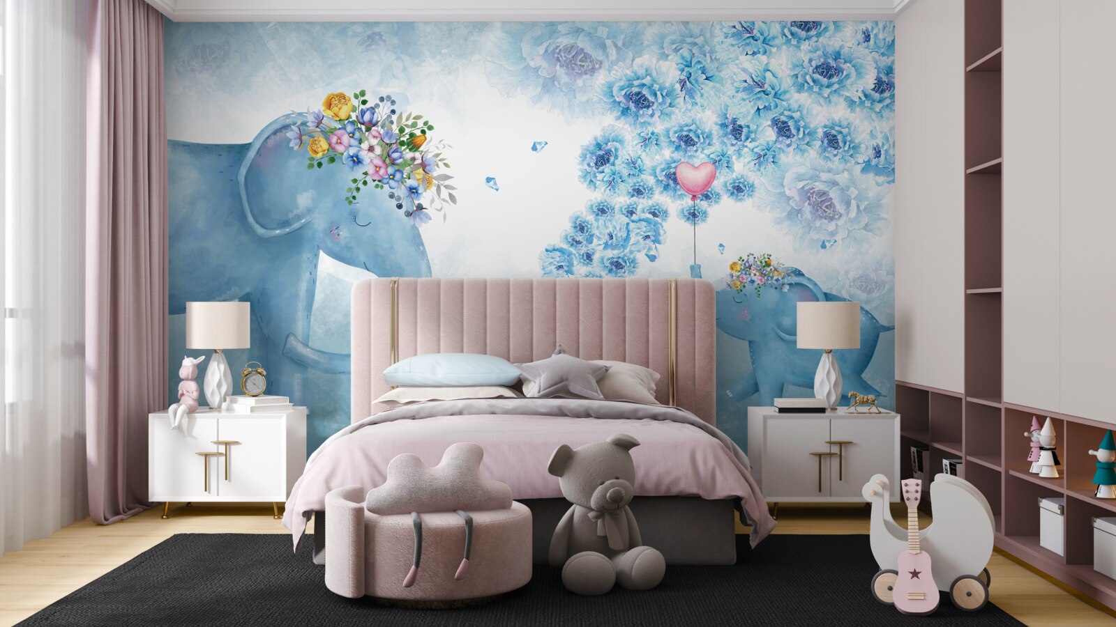 Papier peint petits éléphants avec des fleurs